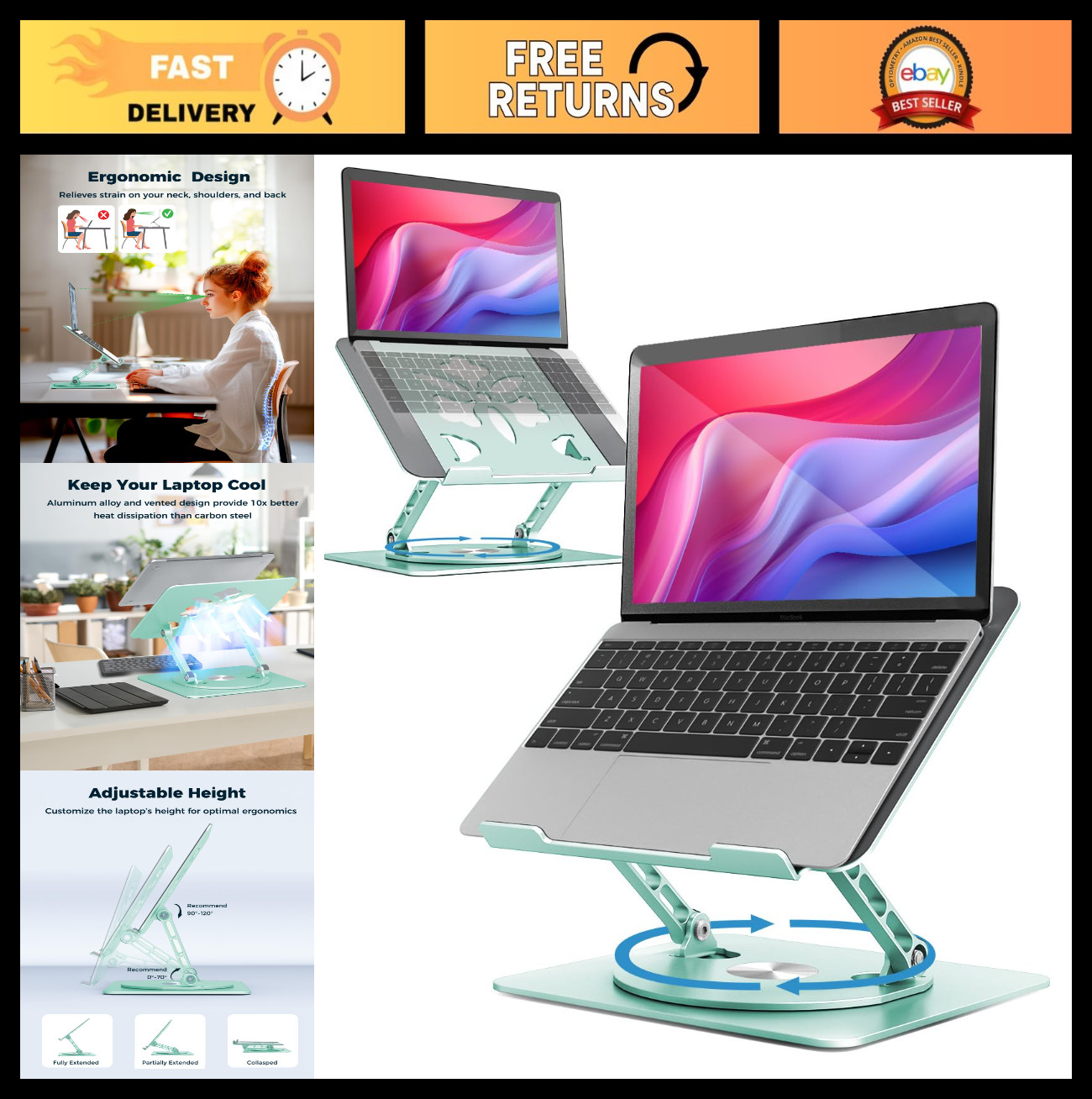 360° Rotating Laptop Stand - Adjustable, Foldable, Portable Ergonomic Riser for