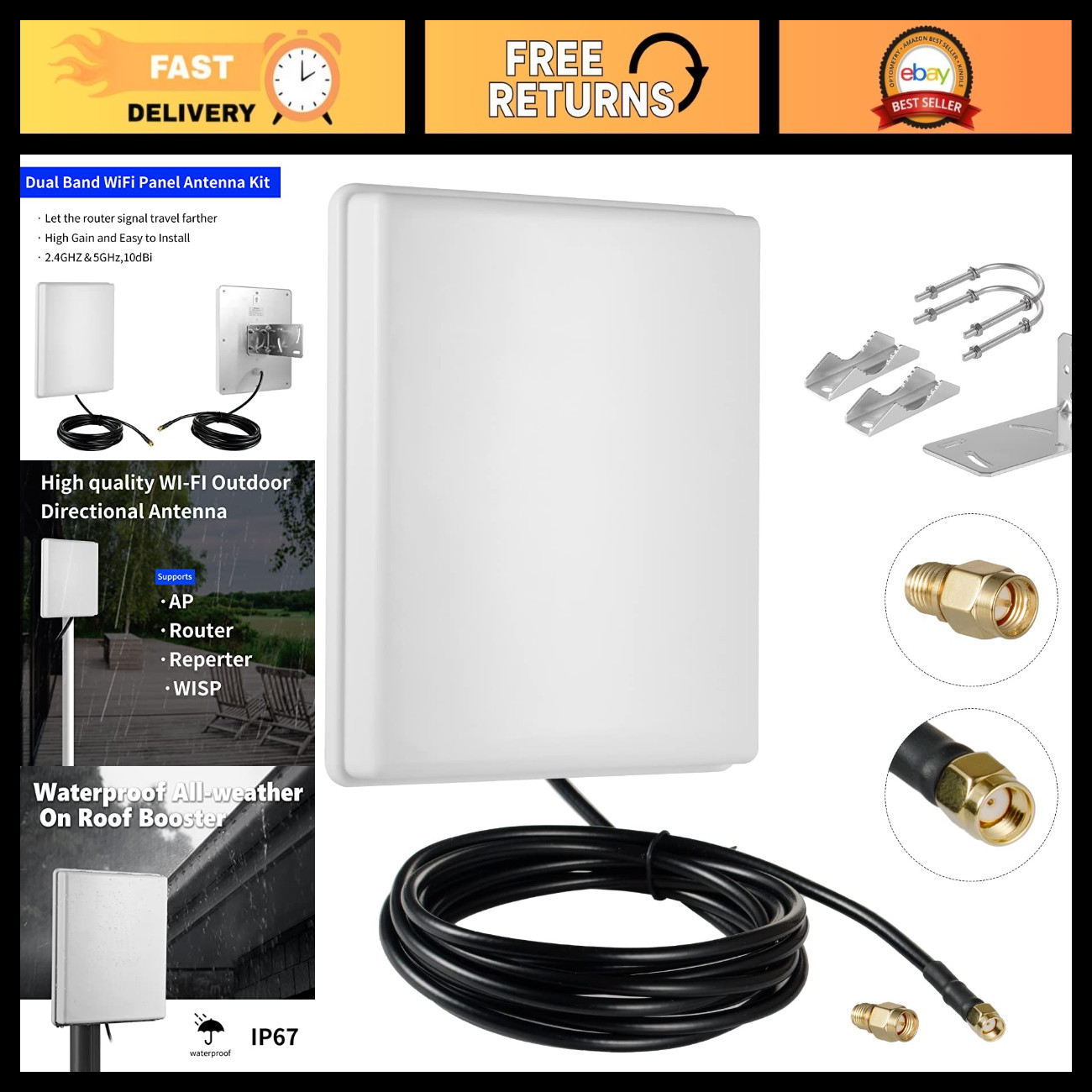 Long-Range 15dBi Dual Band WiFi Antenna 2.4GHz 5GHz with 10Ft Cable for Router &