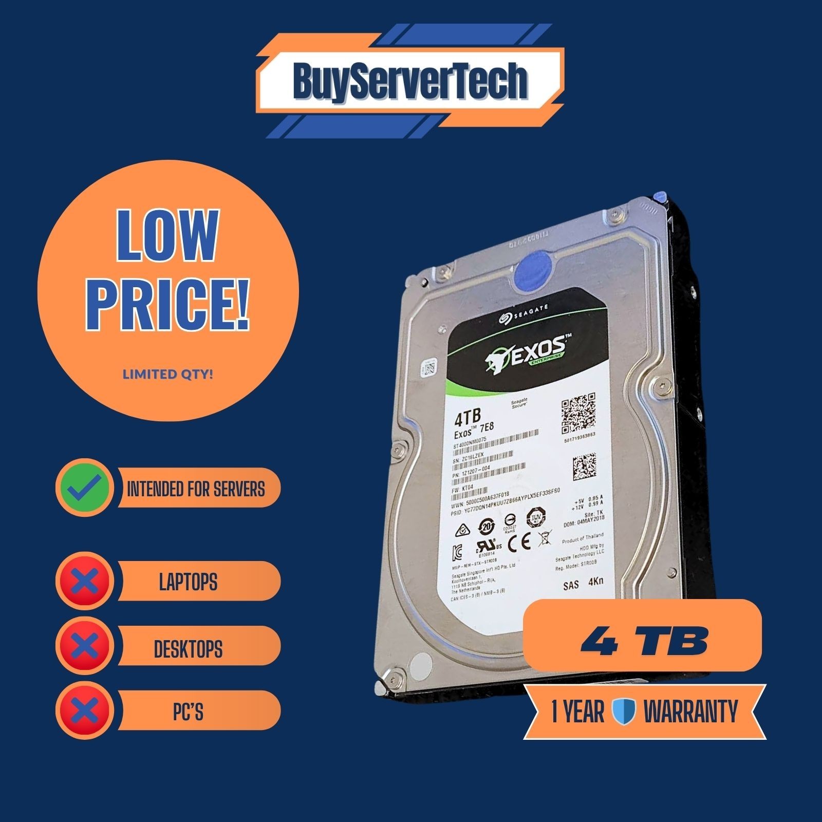 Seagate Exos 7E8 ST4000NM0075 4TB 3.5” 7.2K RPM 4Kn SAS HDD