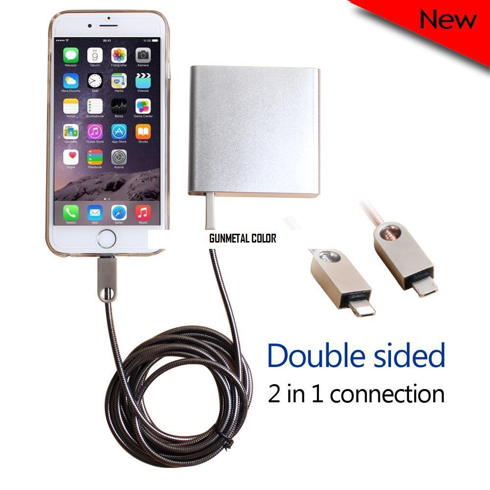 2 in 1 Micro USB Stainless Steel Cord Charging Cable Iphone Samsung Android 