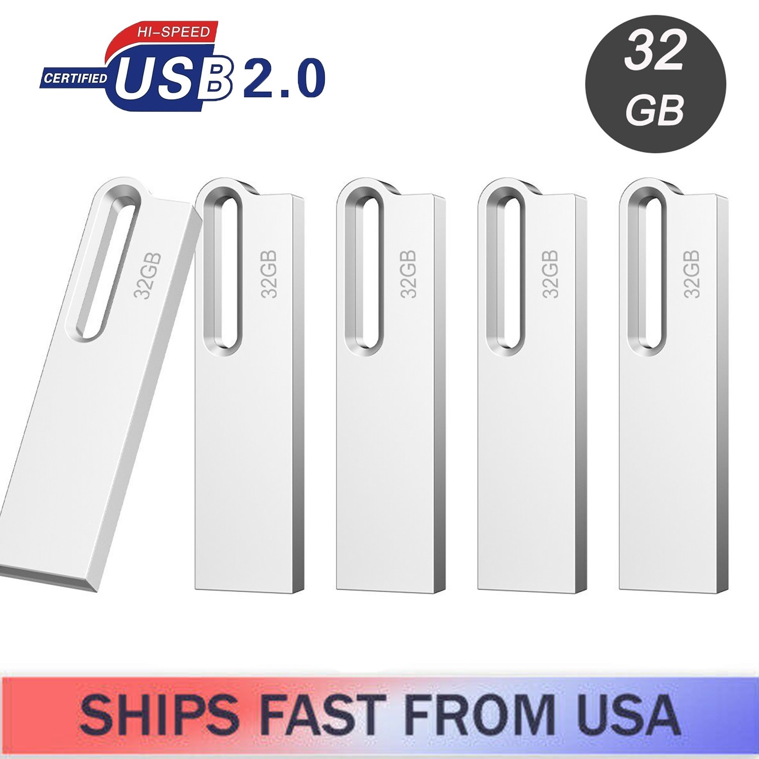 Metal Waterproof USB 2.0 32GB 5PCS Flash Drive Memory Stick Thumb Drive Silver