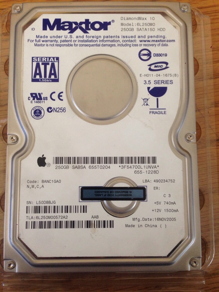 APPLE MAXTOR 250GB 7.2K RPM SATA HARD DRIVE 6L250M0 655-1228D