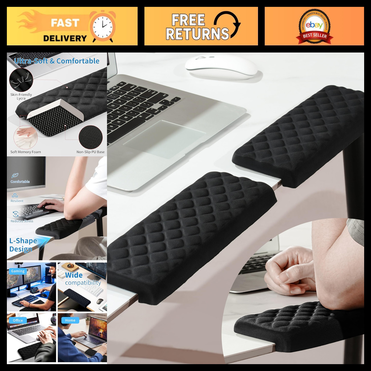 Ergonomic L-Shaped Desk Elbow Pad - Memory Foam Support Cushion, Non-Slip, 2 Pcs