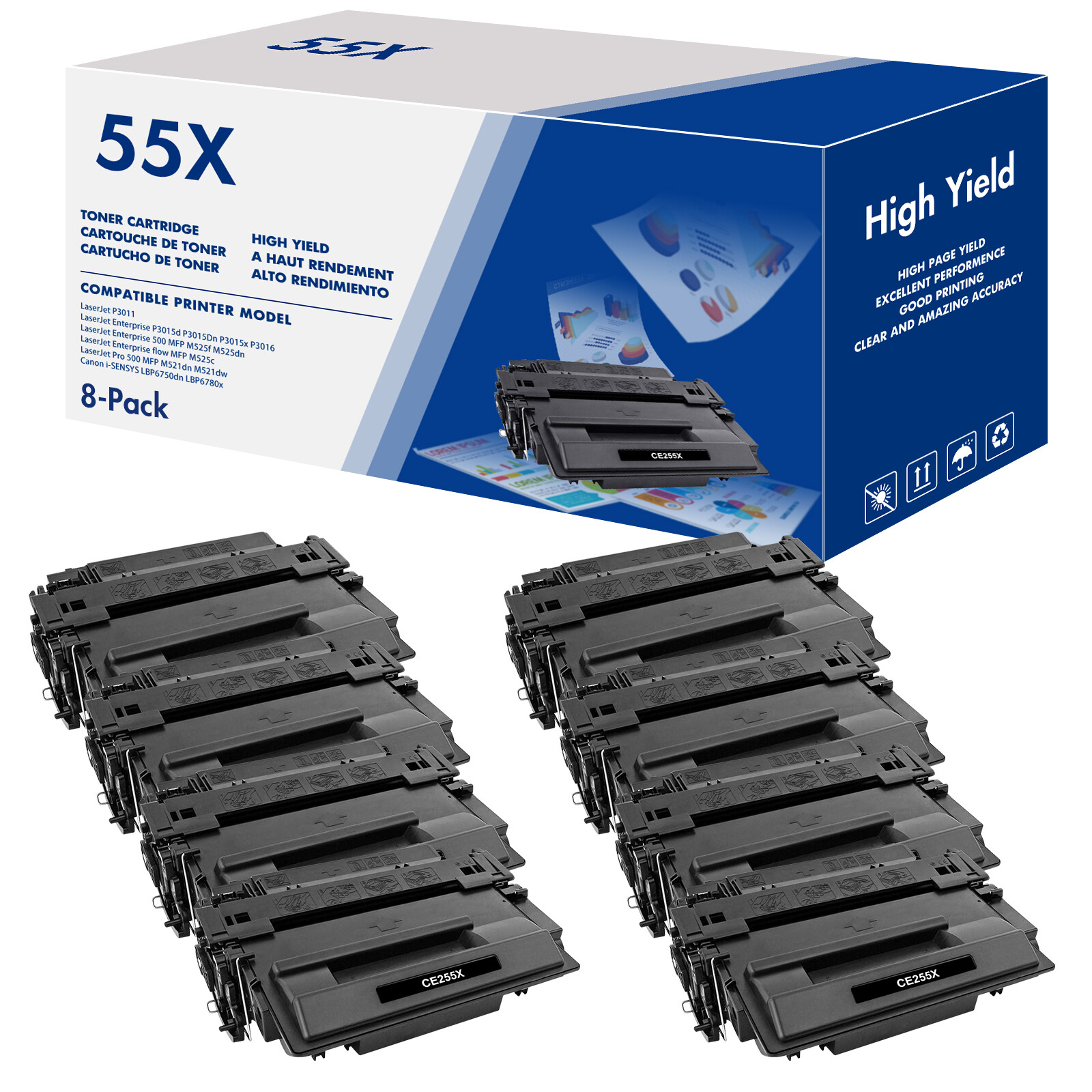 8X CE255X Toner Compatible With HP 55X LaserJet Enterprise P3015d P3015x P3015Dn