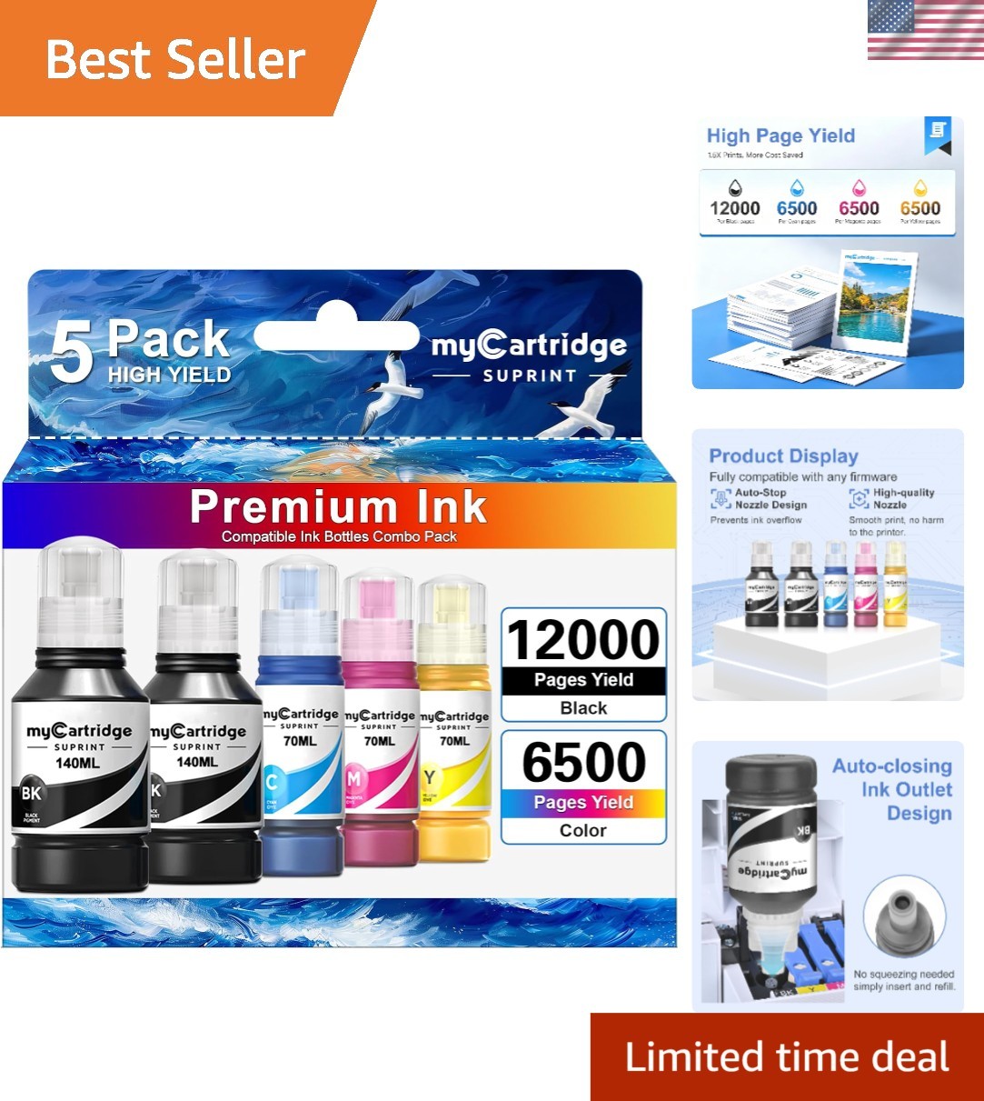 MC SUPRINT Replacement for 502 Ink Refill Bottles High Capacity 5 Bottles