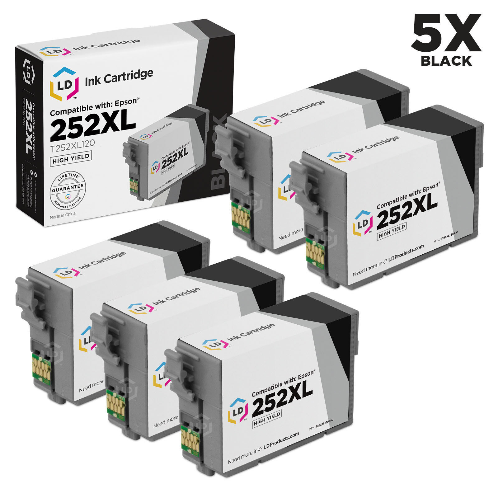 LD 5PK Reman Cartridges for Epson Ink 252XL 252 XL T252XL120 WF-3620 Black