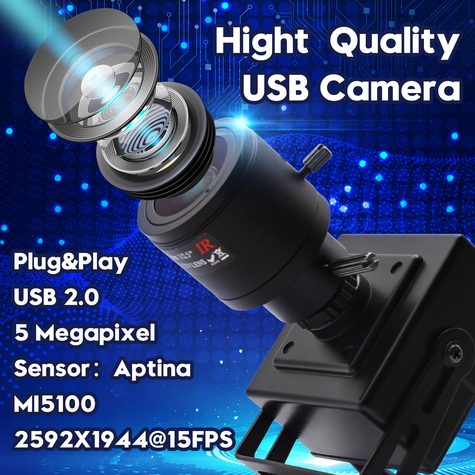 ELP 5MP 2592x1944 Webcam 2.8-12mm varifocal lens CMOS Aptina MI5100 USB Camera