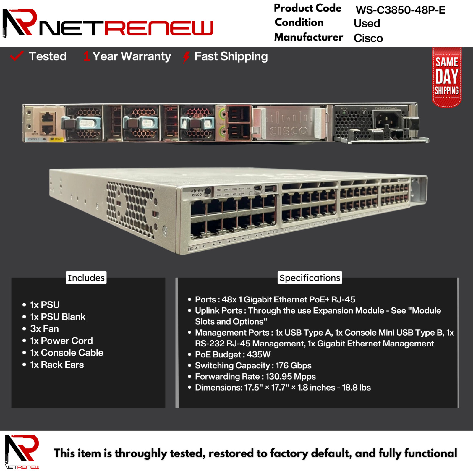 Cisco WS-C3850-48P-E Catalyst 3850 48x 1GB PoE+ RJ-45 PoE Switch w/C3850-NM-4-1G