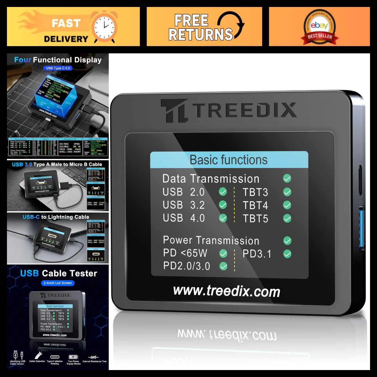 USB Cable Tester 2.4" Screen for eMarker PD3.0/3.1, Fast Charging & Data Check