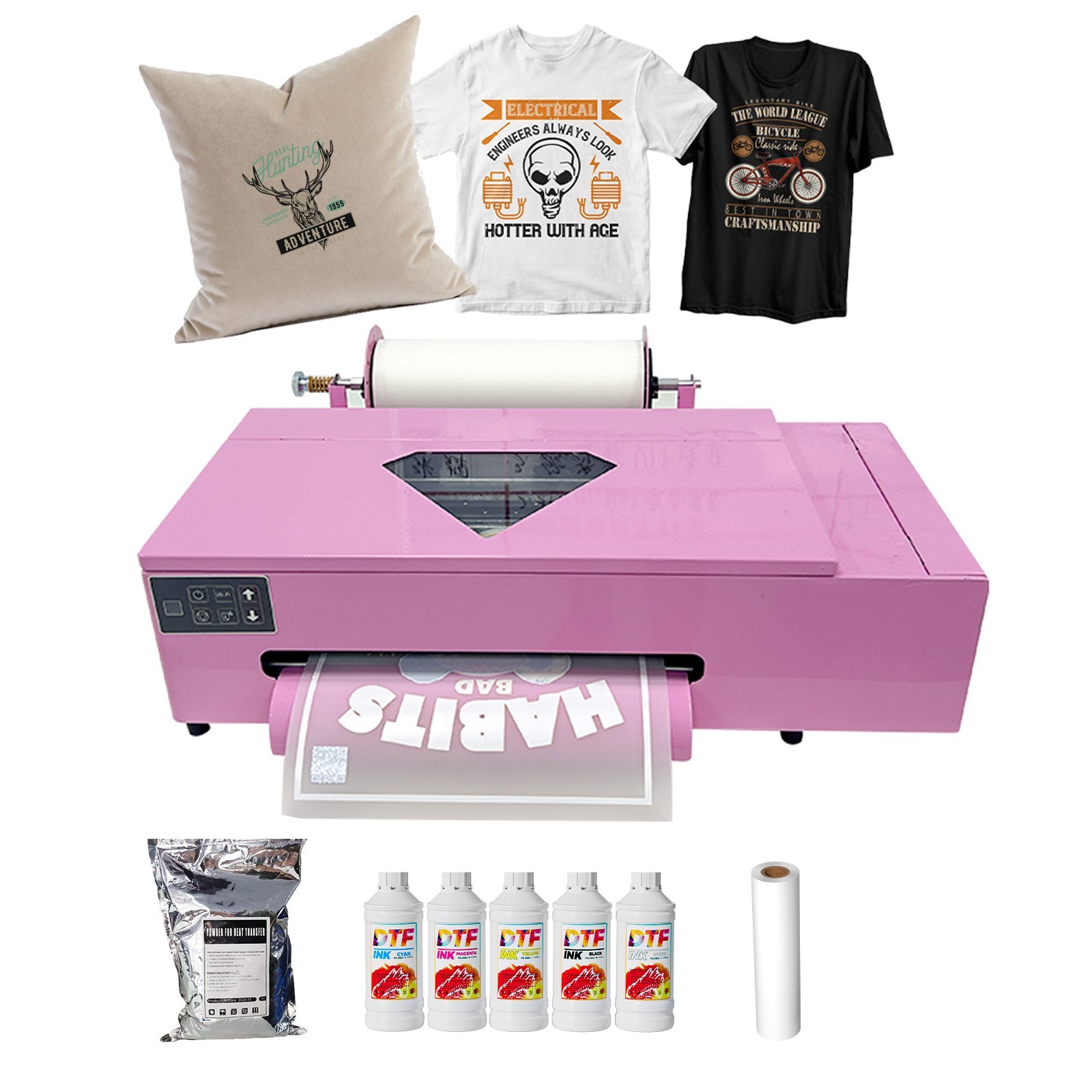 DTF A3+ Printer Set XP600 33cm Roll Film 1000ml Ink Powder Heat Transfer Machine