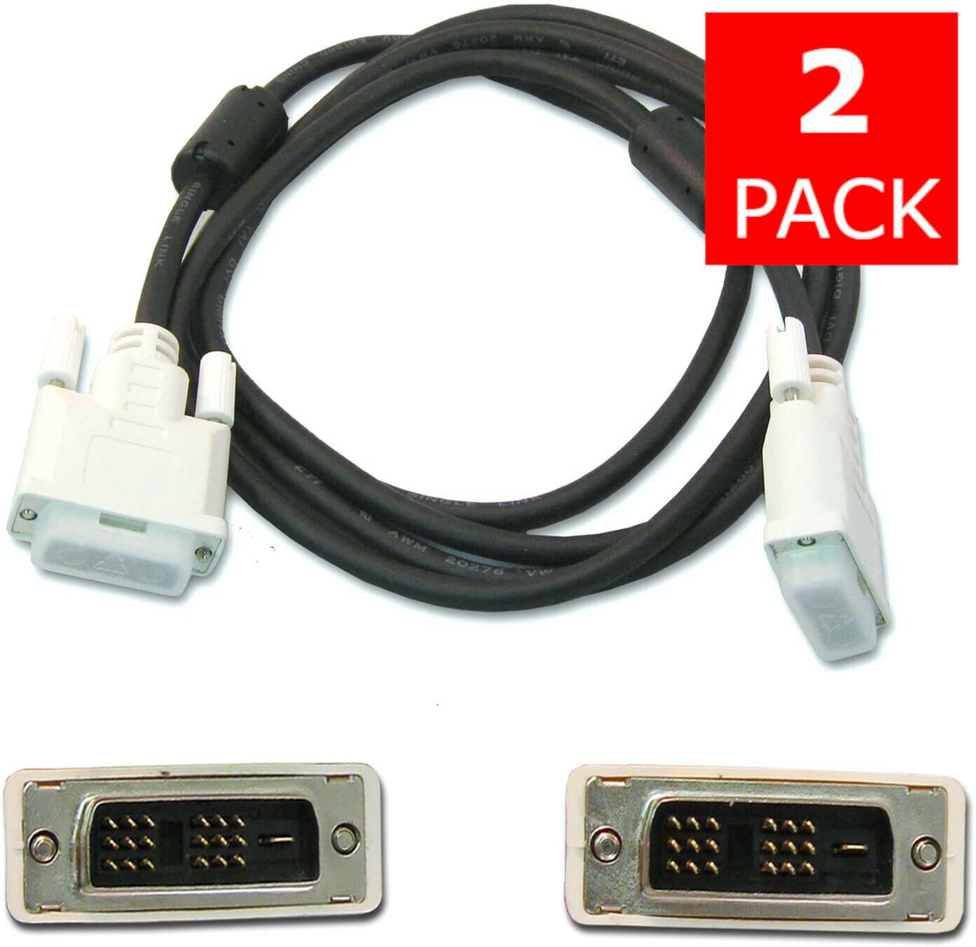 2 PACK of NEW DVI Cable M-M DVI-D 5ft Long Cord 18-Pin Monitor Cable
