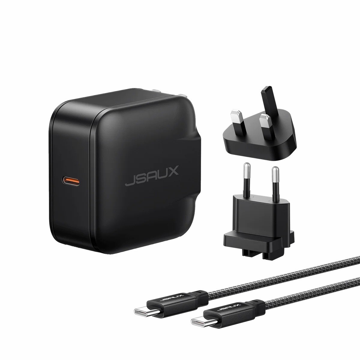 JSAUX 65W GaN USB C Wall Charger, 3 Ports, with Cable and EU/UK Travel Black