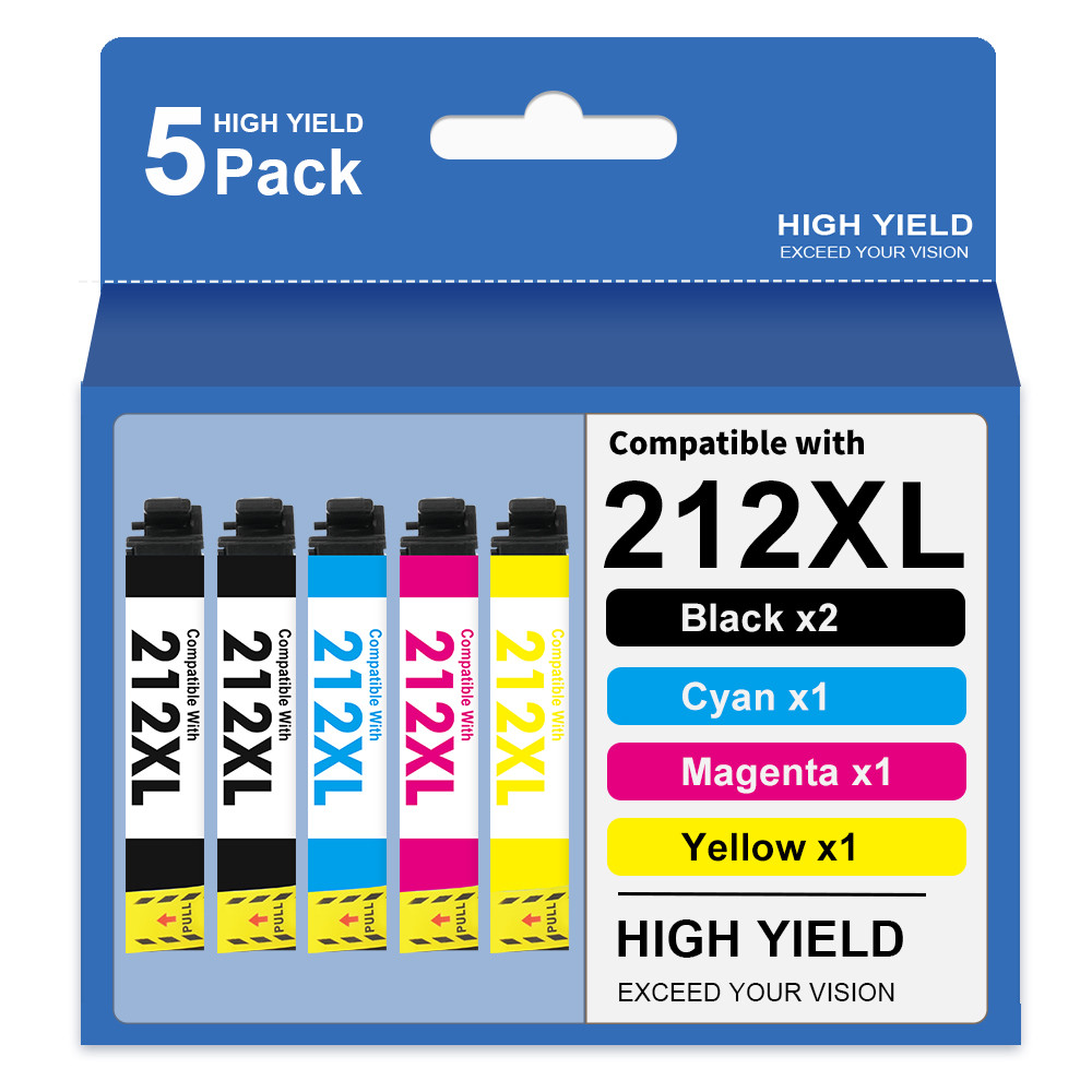5 Pack 212XL Ink replacement for Epson Workforce XP-4100 XP-4105 WF-2810 WF-2830