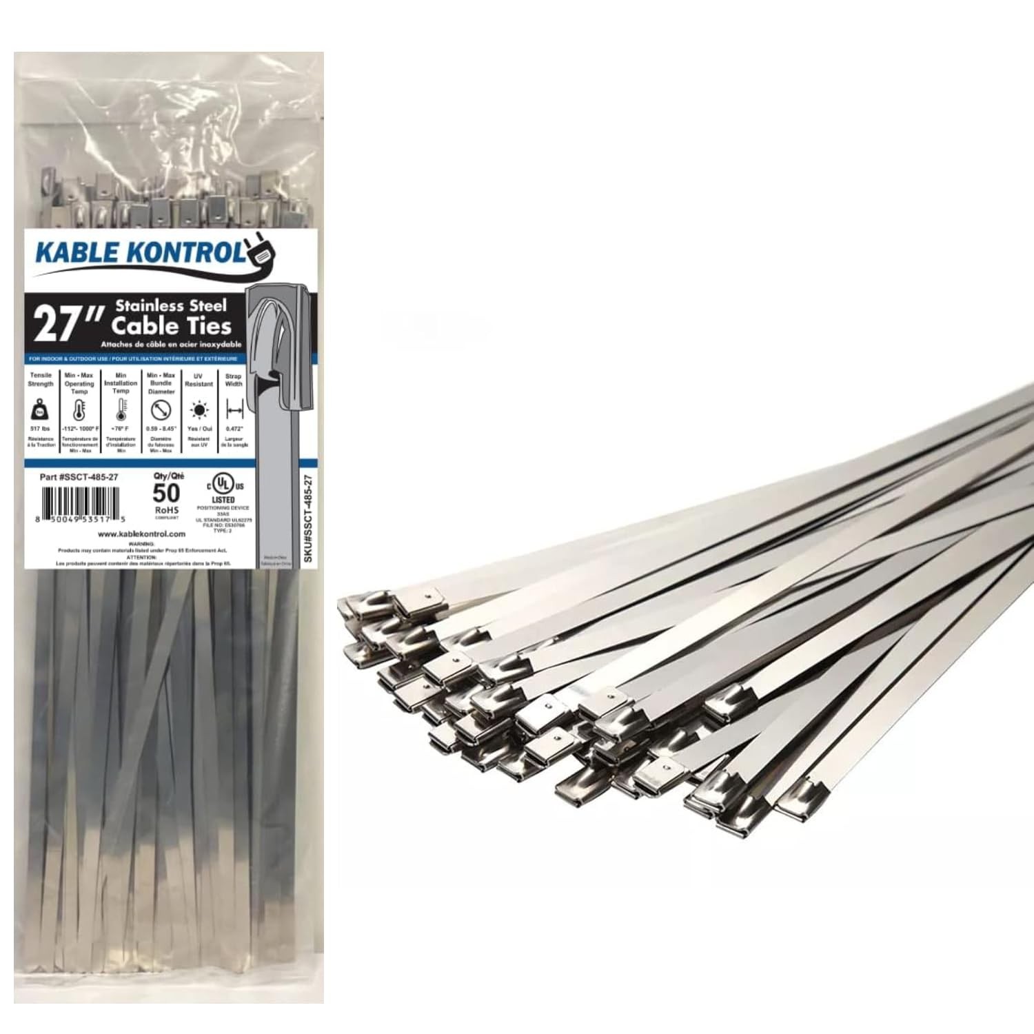 Kable Kontrol Stainless Steel Metal Zip Ties 27 Inch 50 Pcs 485Lbs Test
