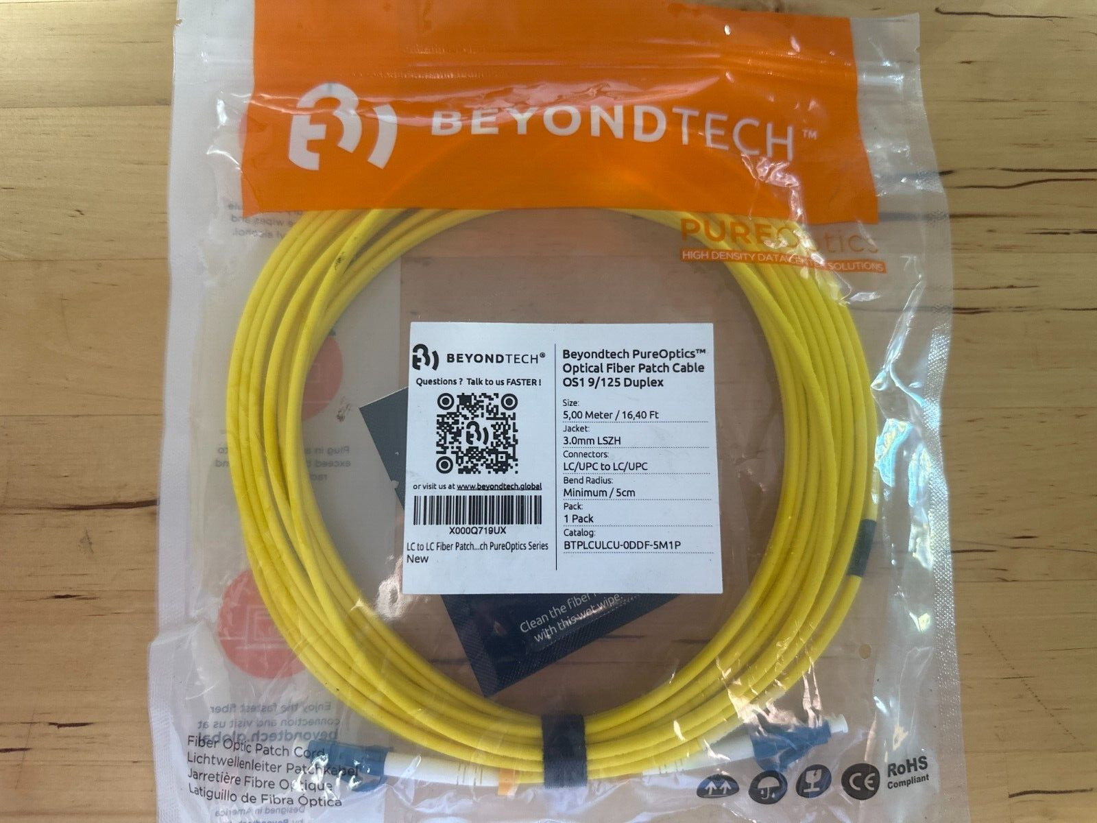 BeyondTech 5 Meter 3.0mm LC/UPC to LC/UPC PureOptics Optical Fiber Patch Cable 