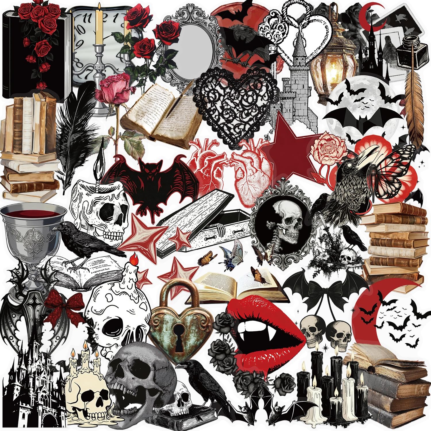 50Pcs Gothic Stickers Pack, Cool Retro Skull 1.5-2.2 inch, Multicolor