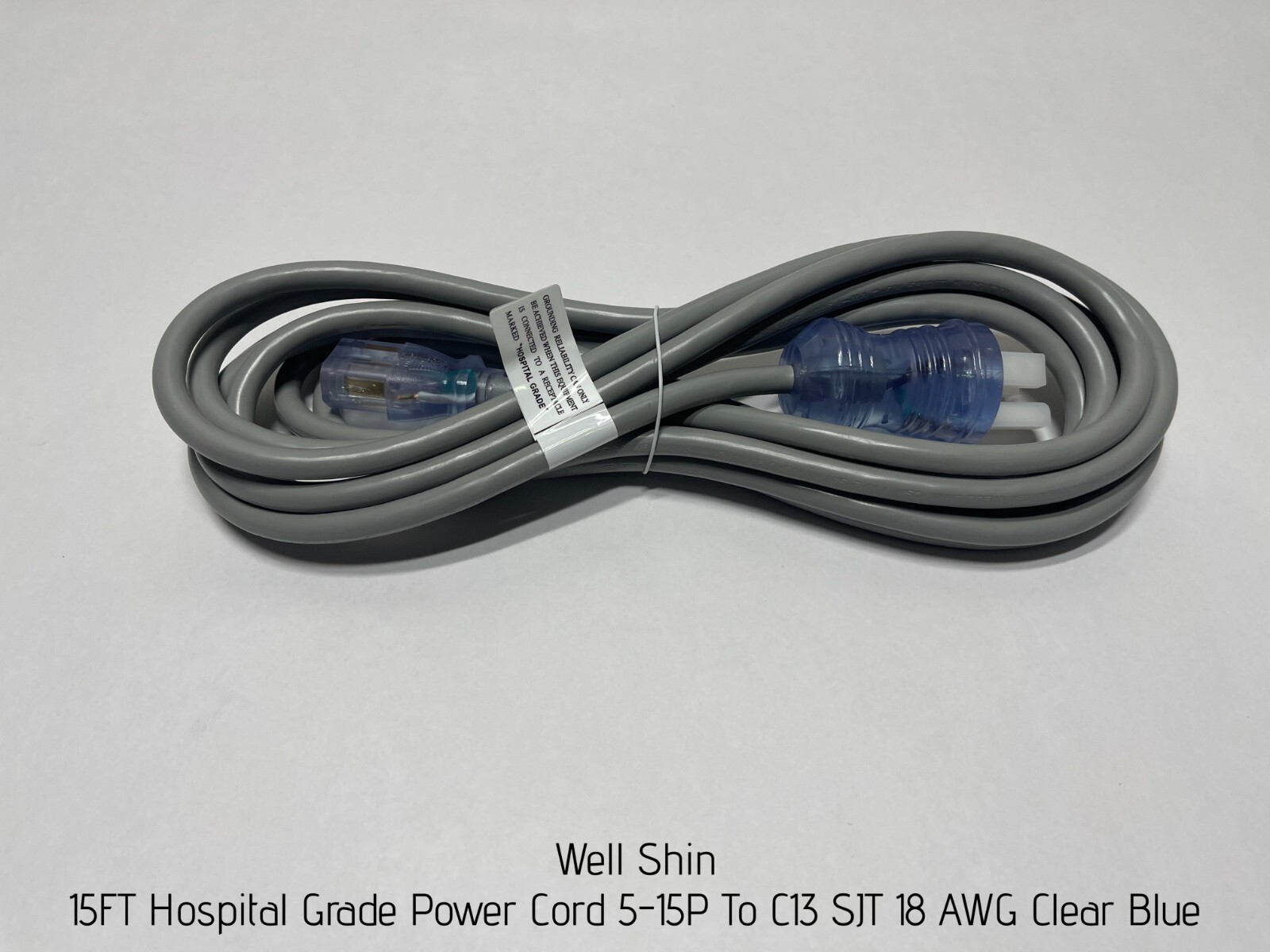 Well Shin 15FT Hospital Grade Power Cord 5-15P To C13 SJT 18 AWG Clear Blue