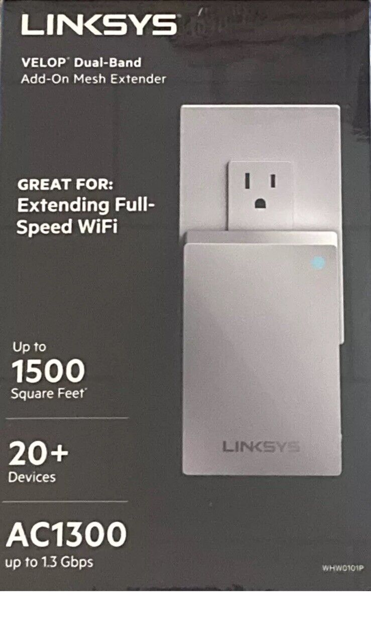 New Linksys Velop Plug-In AC1300 Dual-Band Wi-Fi Add-On Mesh Extender WHW0101P