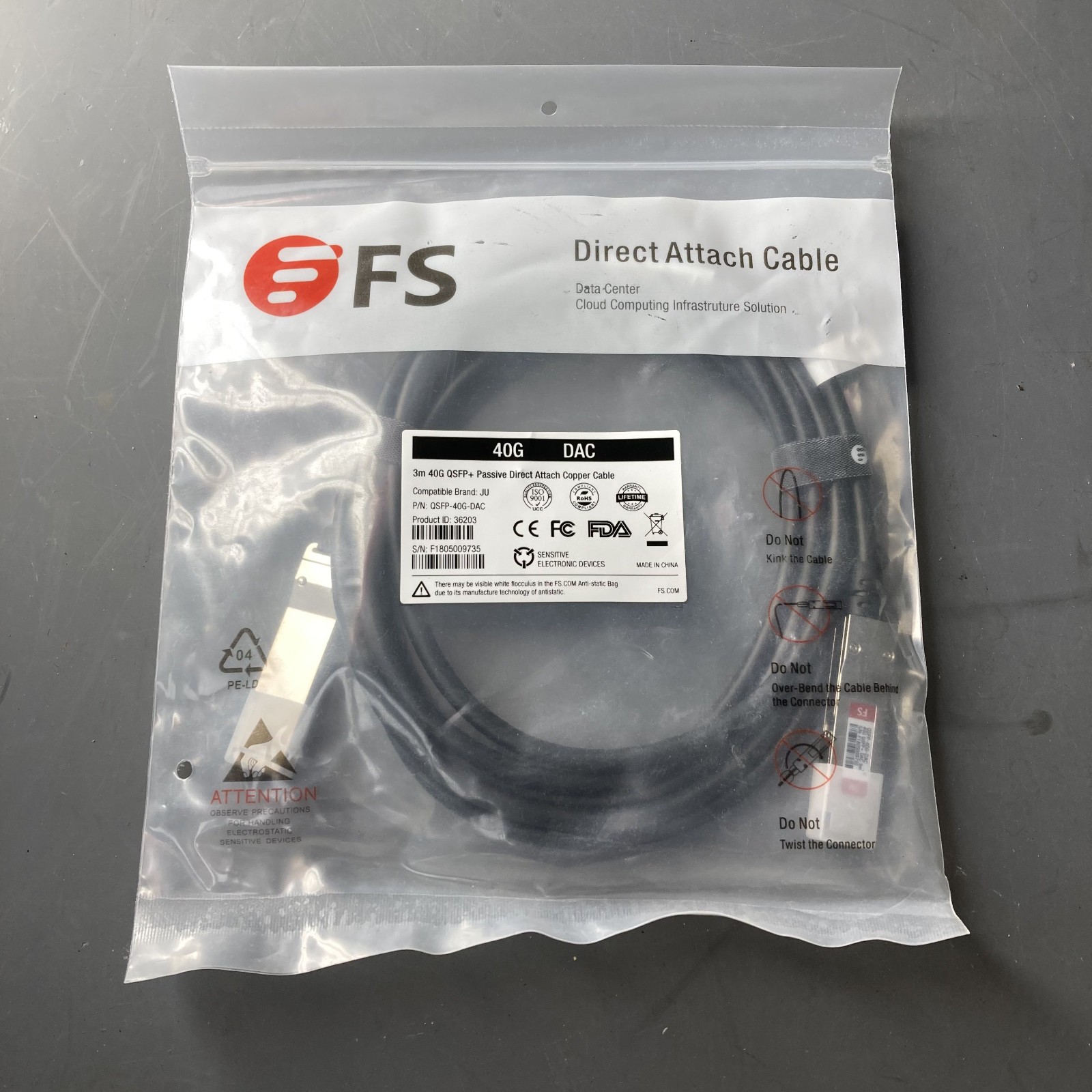 NEW-AUTHENTIC Fiberstore QSFP-40G-DAC 3m QSFP+ Passive DAC Cable