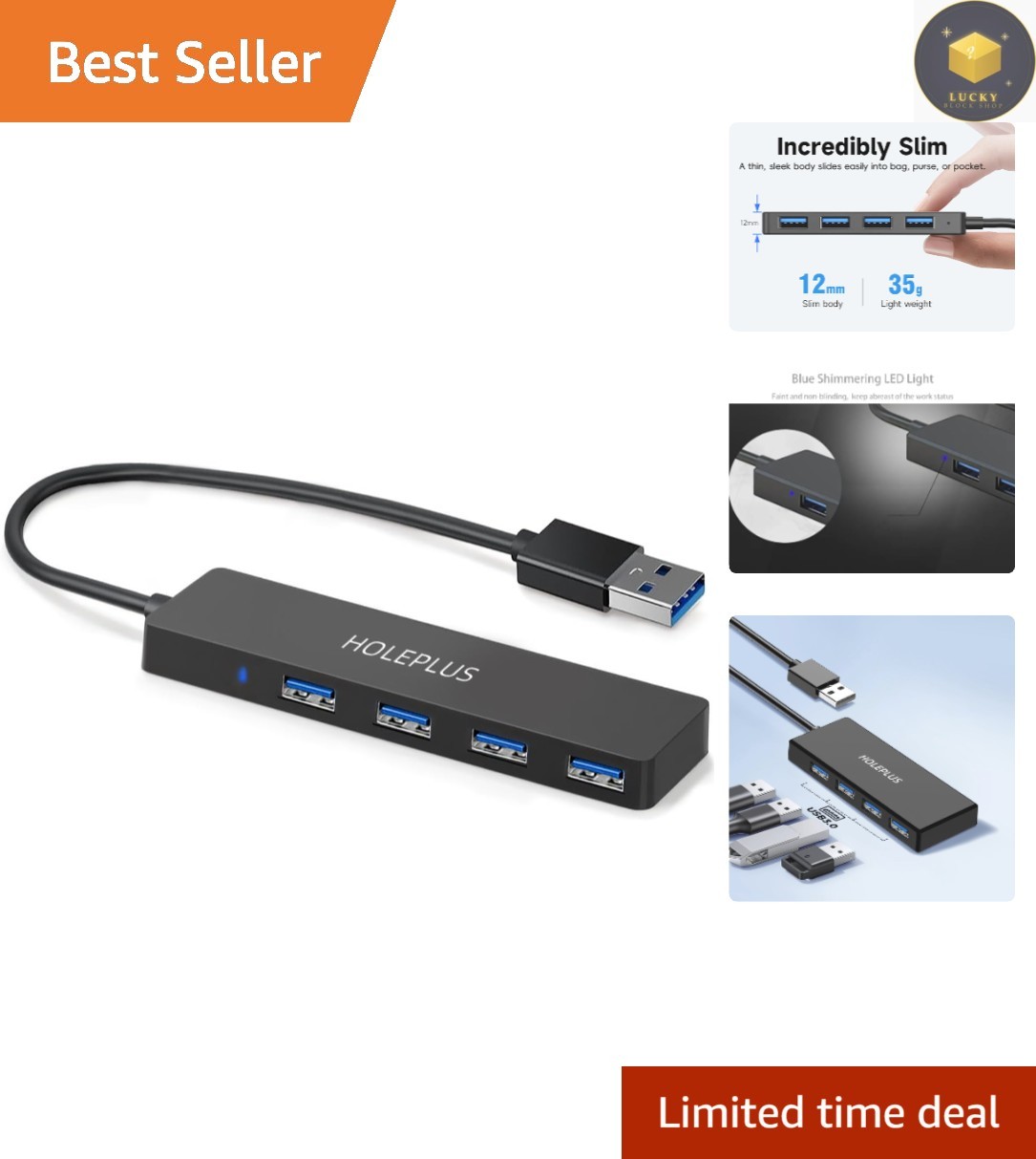 4-Port USB 3.0 Hub, Lightweight Design with LED Indicator – Perfect for Travel
