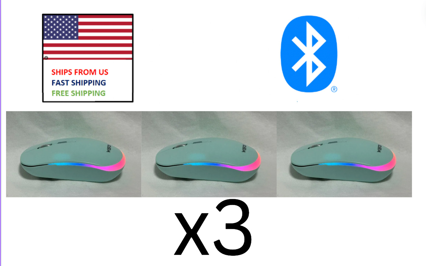 x3 Aqua RGB LED Wireless Mouse Rechargeable Bluetooth Dongle Receive 2.4G