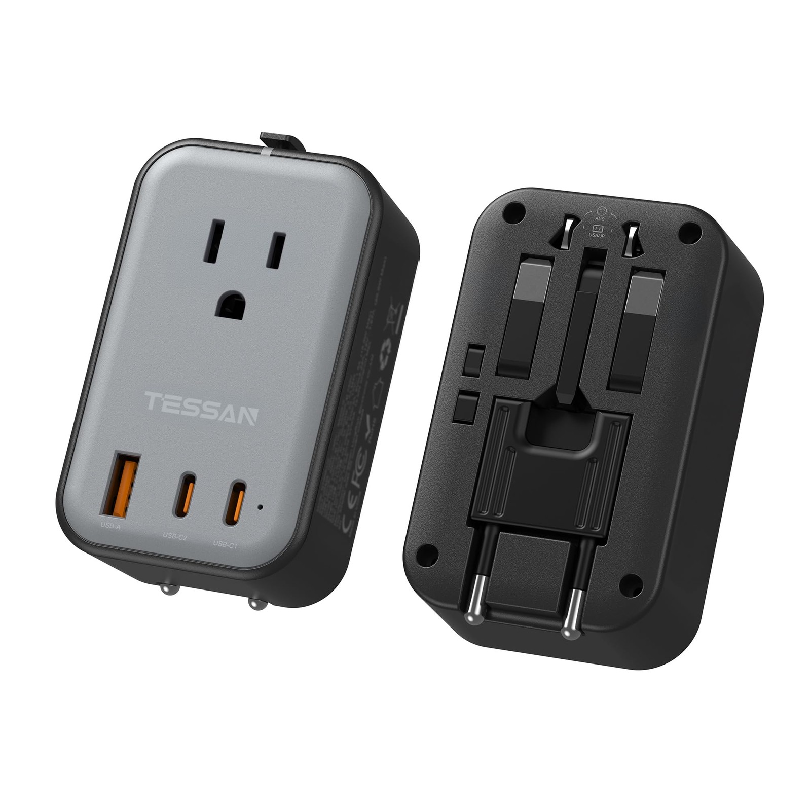 TESSAN Travel Adapter 009, PD 20W Universal Power 2 USB Black Silver