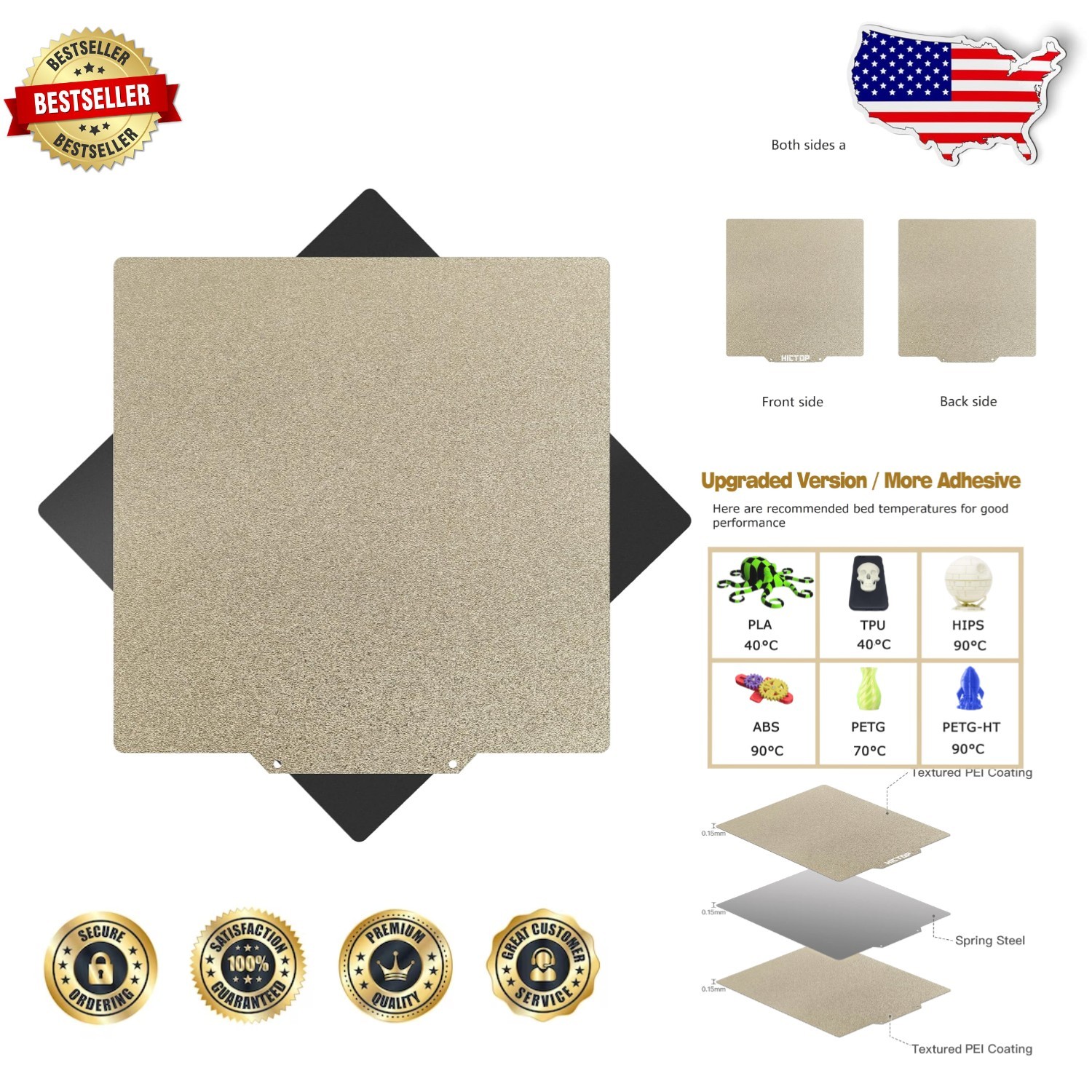 Durable 410x410mm Textured Build Surface - Magnetic Sticker, High Adhesion