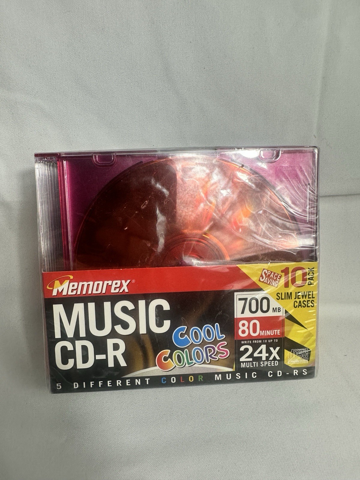 Memorex Music CD-R Cool Colors 10 Pack 700MB 80 Min 24X Slim Jewel Cases NOS