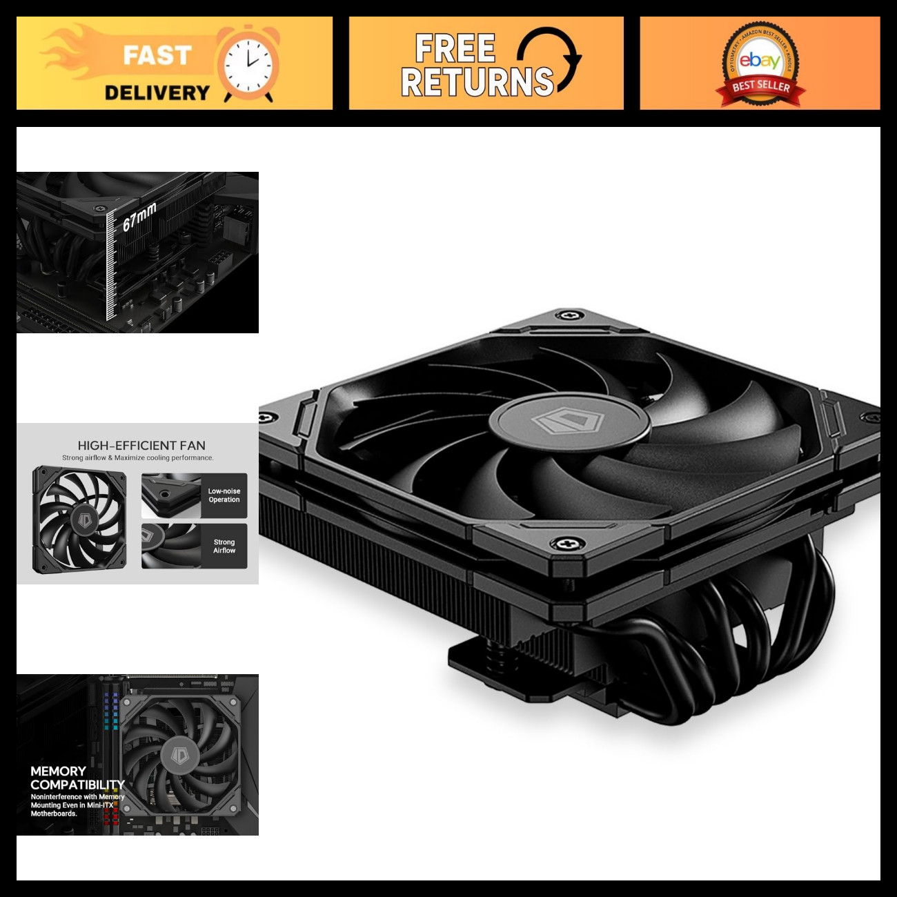 Low Profile CPU Cooler 67mm, 6 Heatpipes, Efficient Cooling for Compact Builds