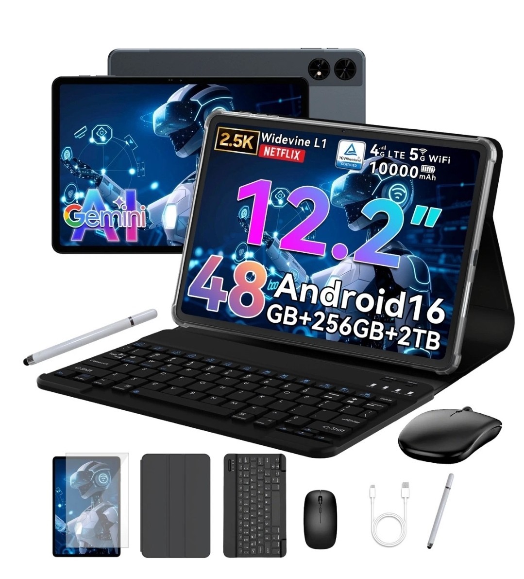 TABWEE T60 Android 16 Tablet 12.2 Inch 2.5K 48GB RAM 256GB 10000mAh 4G LTE WiFi