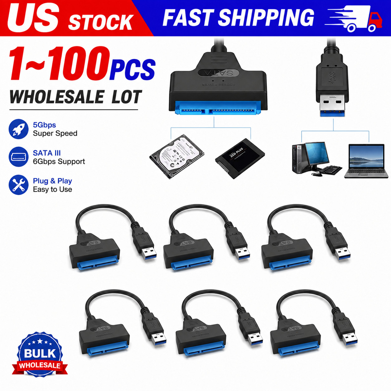 USB 2.0 to 2.5" SATA III Hard Drive Adapter Cable/UASP to USB2.0 Converter lot