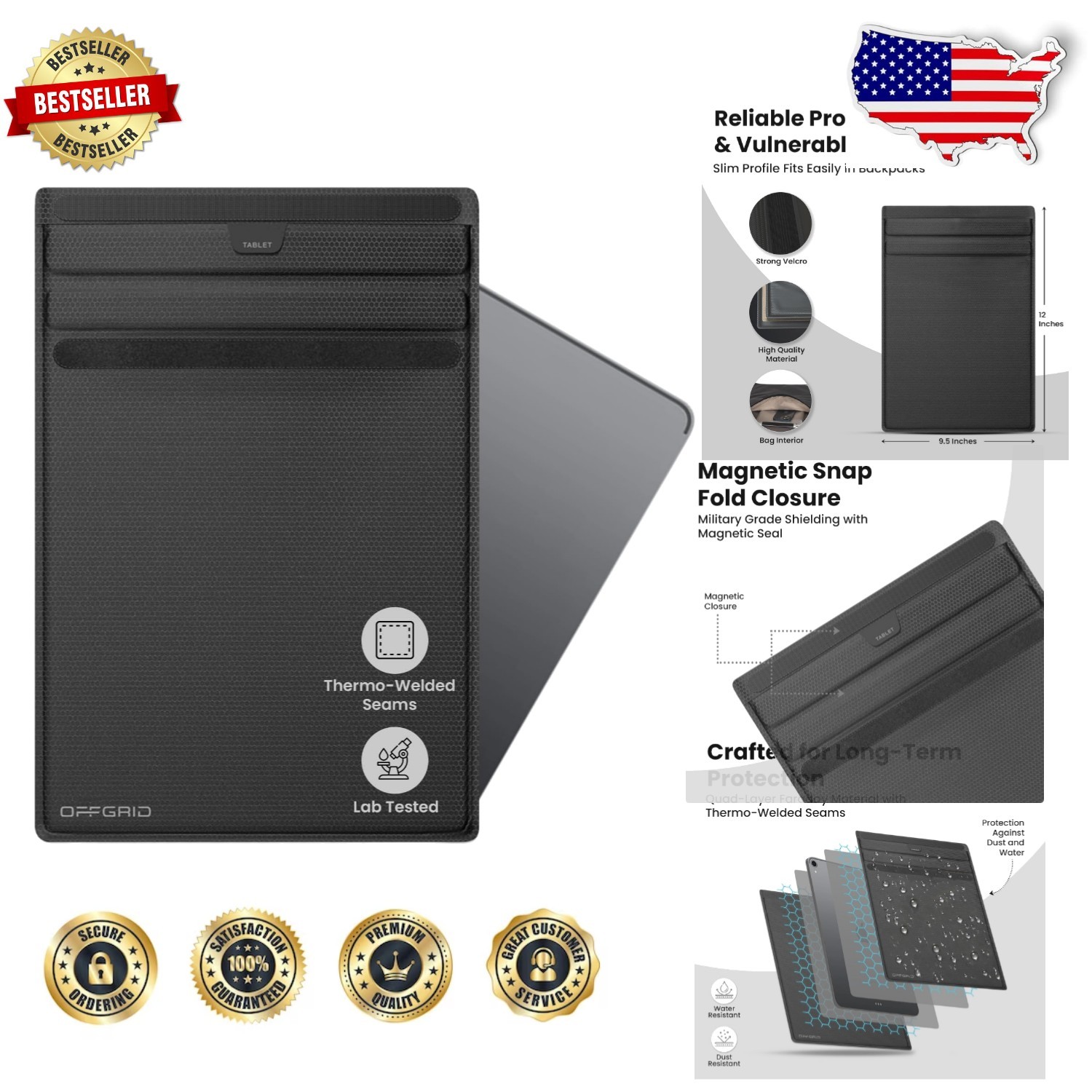Tablet Faraday Bag, Thermo-Welded, Waterproof, Blocks GPS Bluetooth, 13"