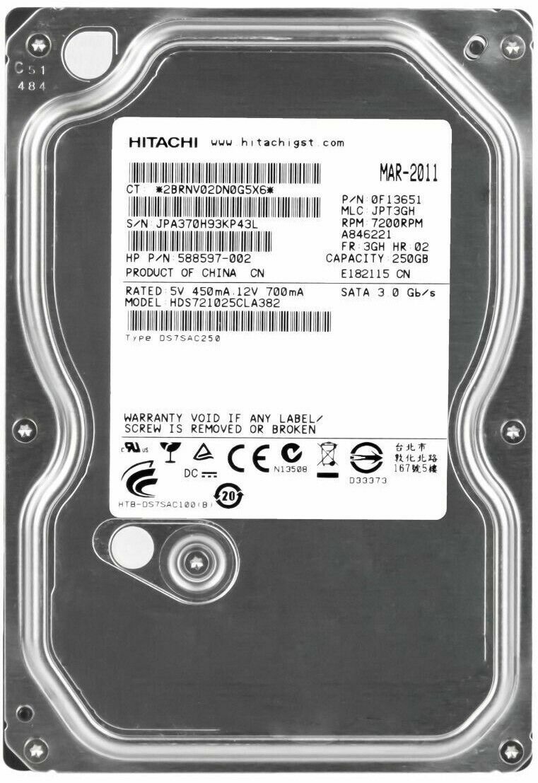 Hard Drive Hitachi HDS721025CLA382 7200U/Min 250GB 8MB Cache SATA II 3.5 