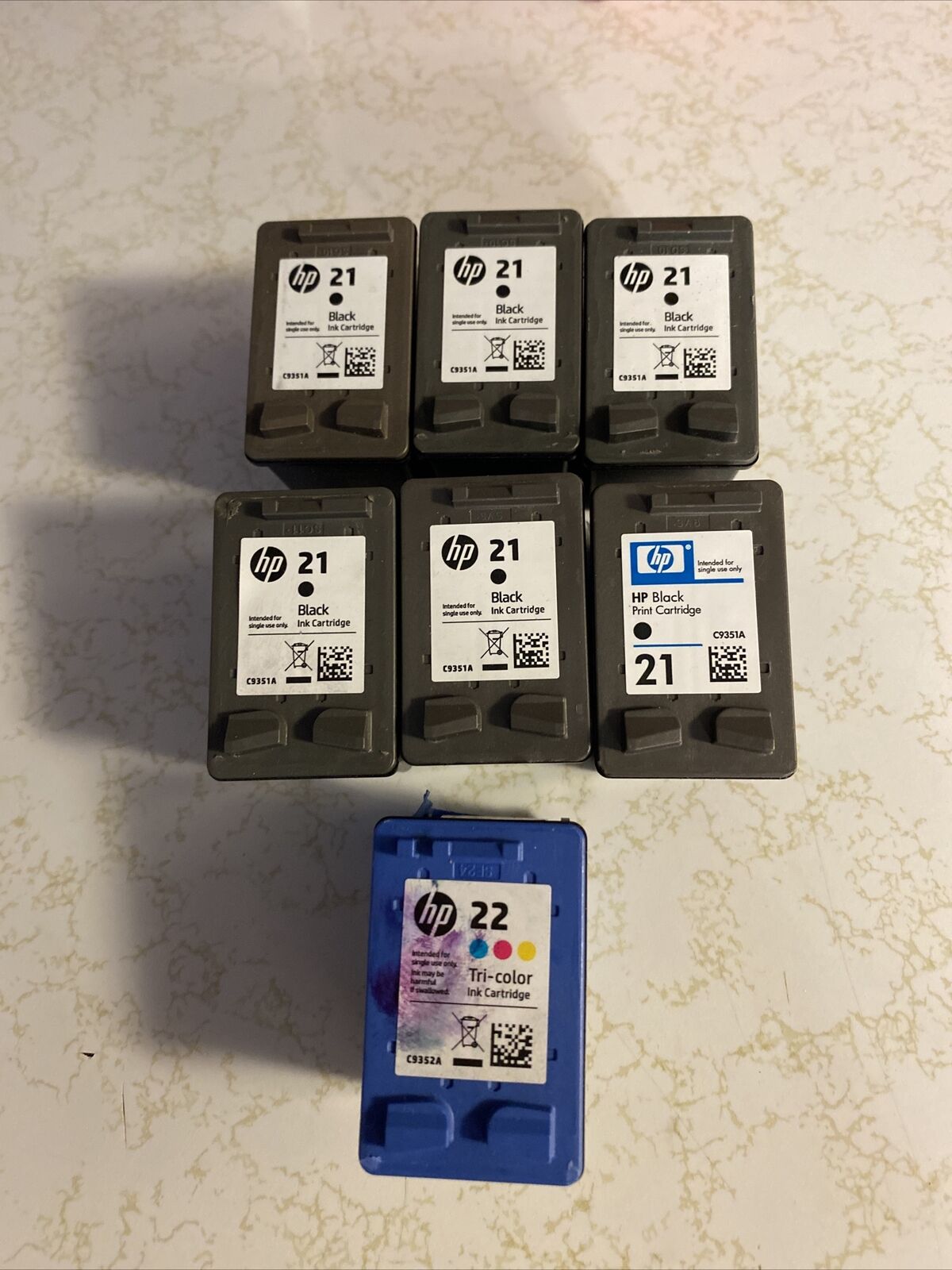 Lot of 7 **EMPTY** HP Printer Cartridges 21 Black 22 Tri Color