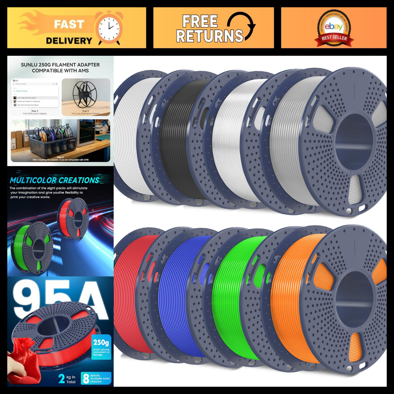 1.75mm TPU Filament 250g - 8 Pack, Flexible 95A 3D Printing Material, High Quali