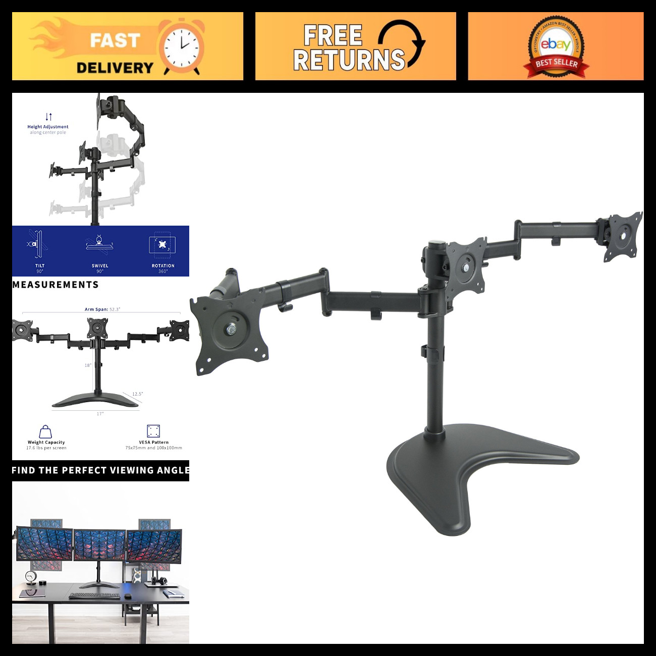 Triple Monitor Mount Stand - Fully Adjustable Desk Free Stand for 3 LCD Screens