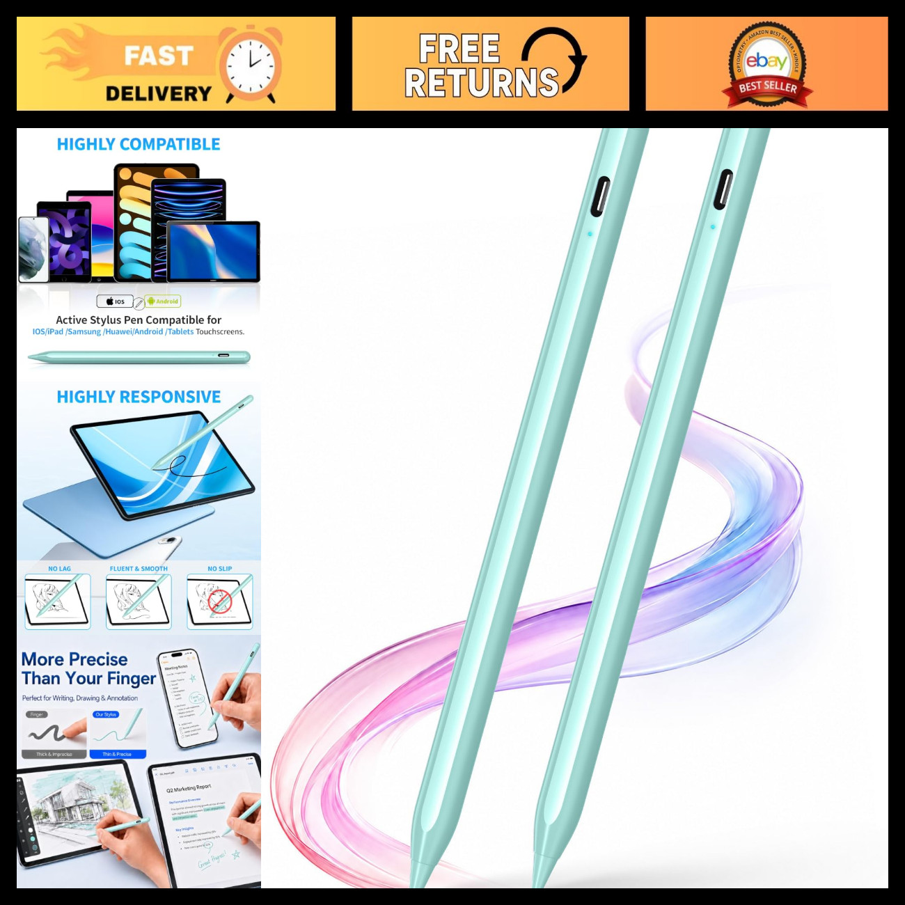 2-Pack Touch Screen Stylus Pens, Light Blue, Precision Tip, Universal Compatibil