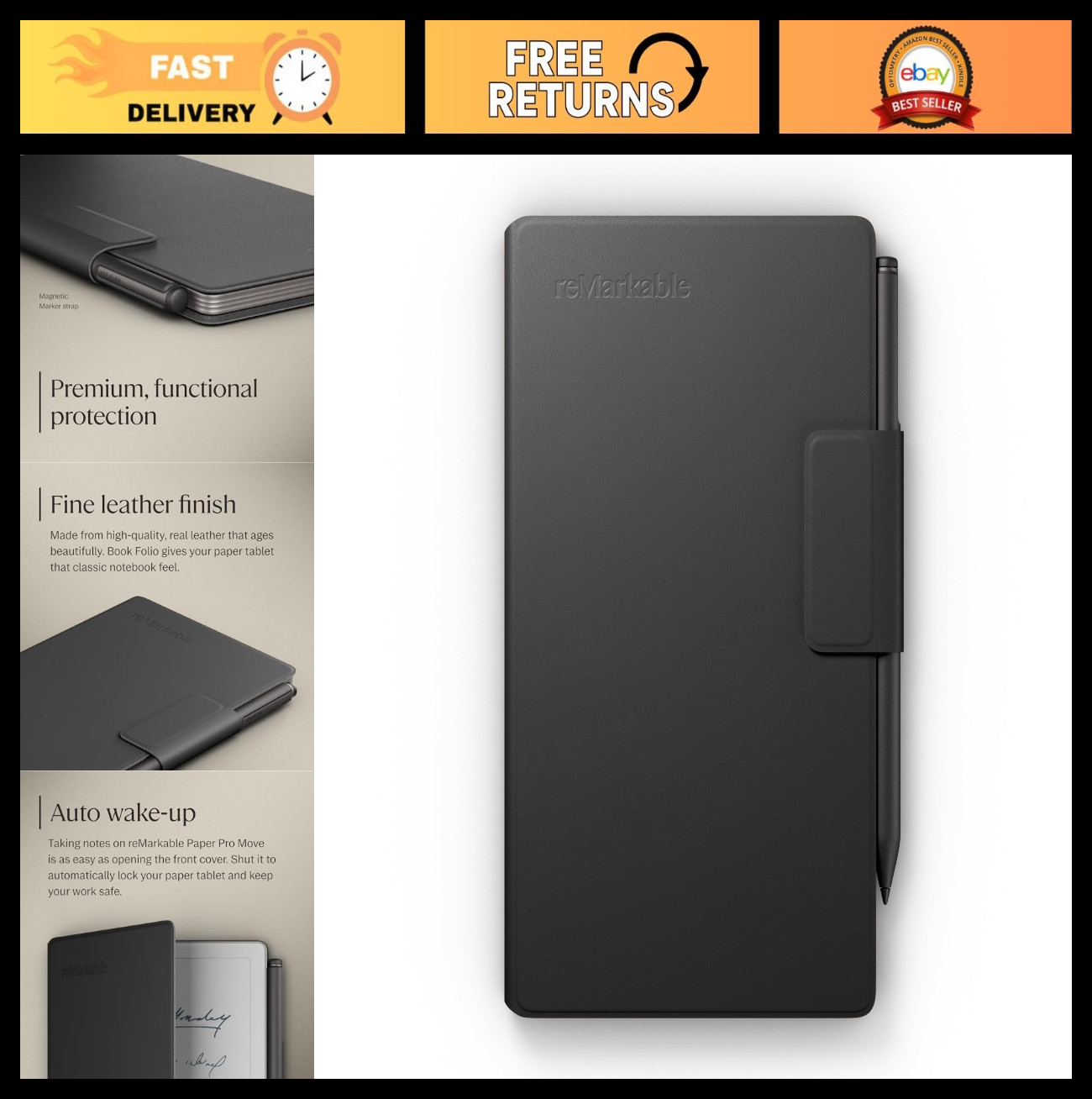Premium Black Leather Folio Case for 7.3" Paper Tablet - Stylish & Durable Prote