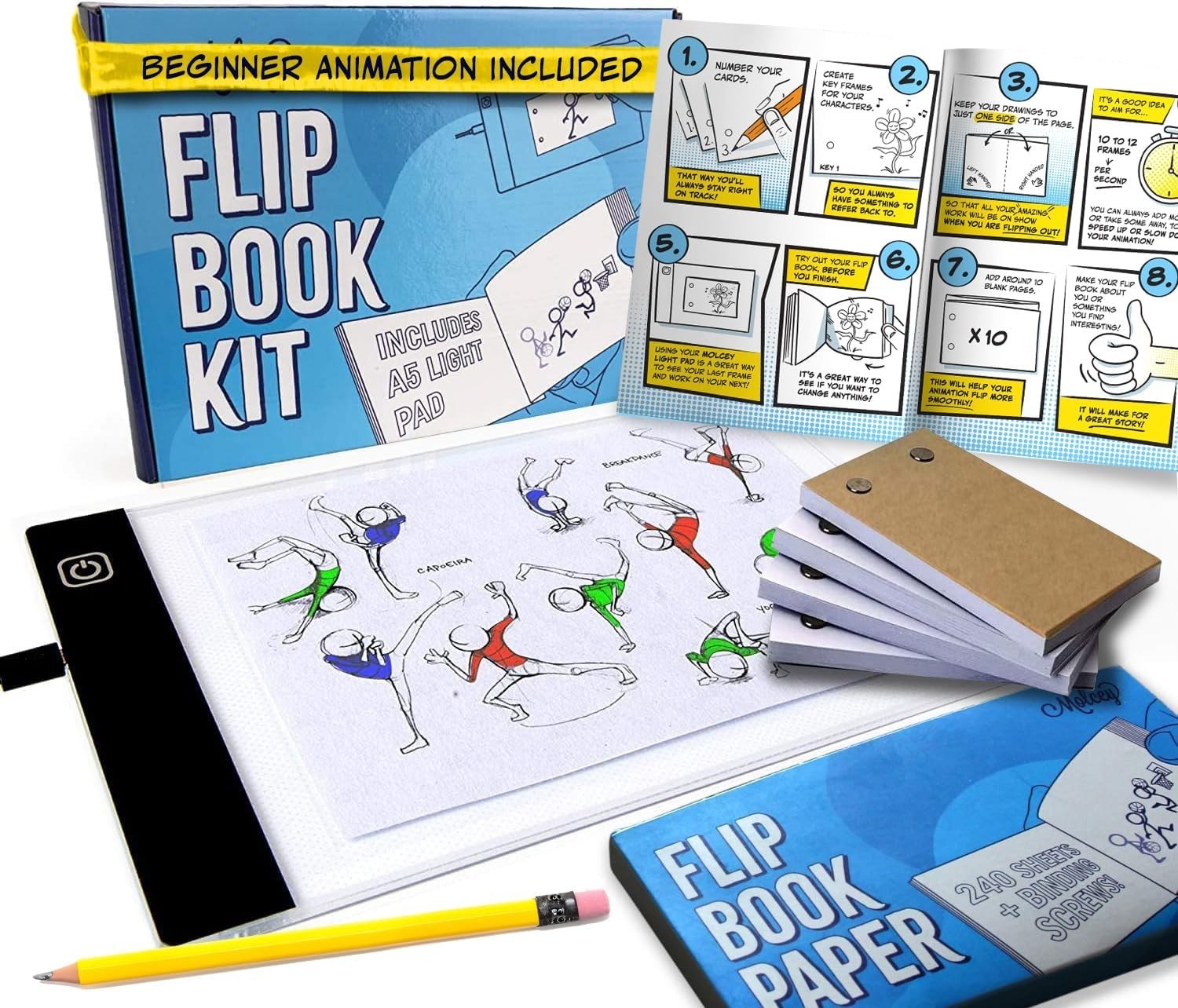 Flip Book Kit with LED Light Pad and Flipbook Paper, Animation Kit for Kids