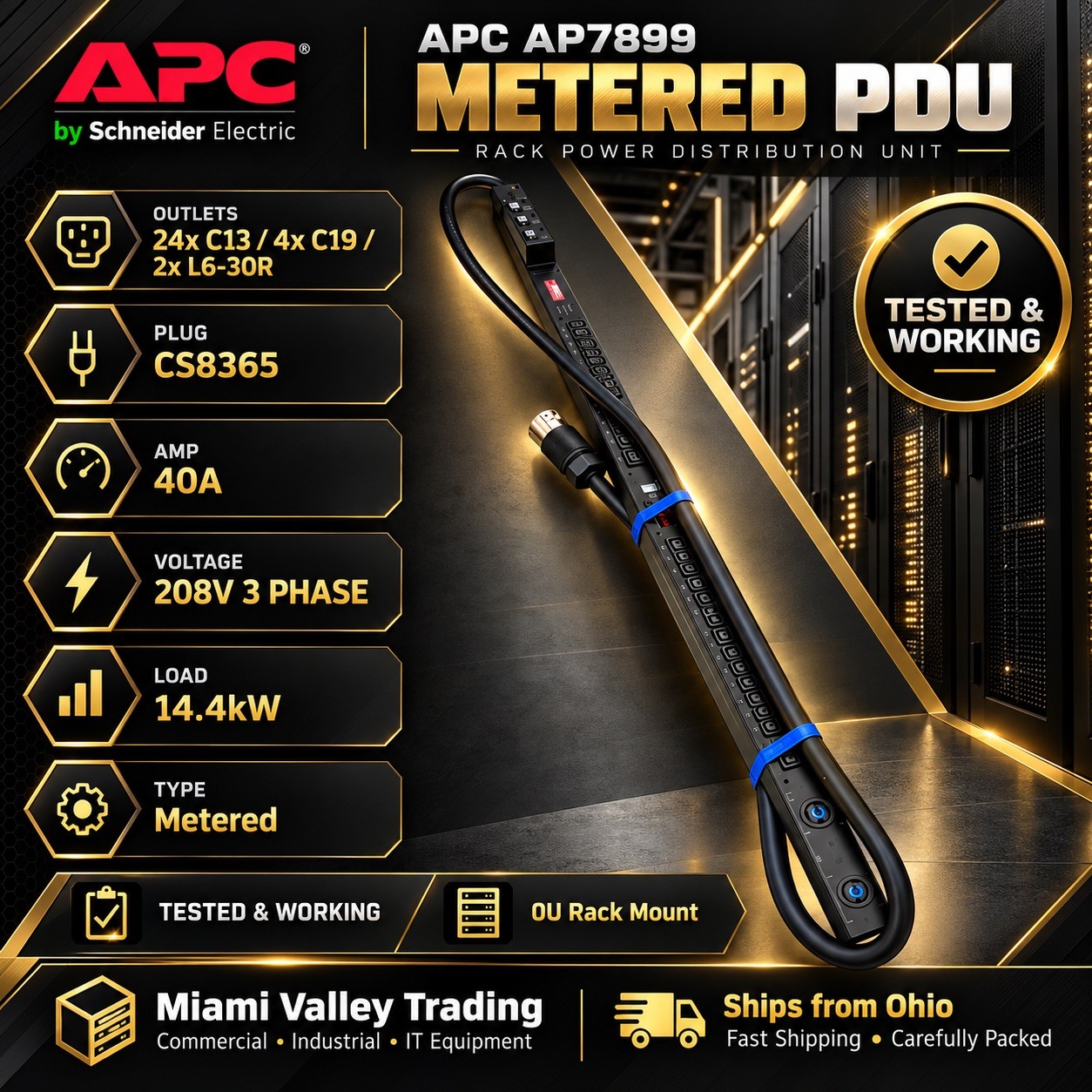 Lot of 2 APC AP7899 Metered Rack PDU 208V 3-Phase 40A 14.4kW 0U CS8365 Tested