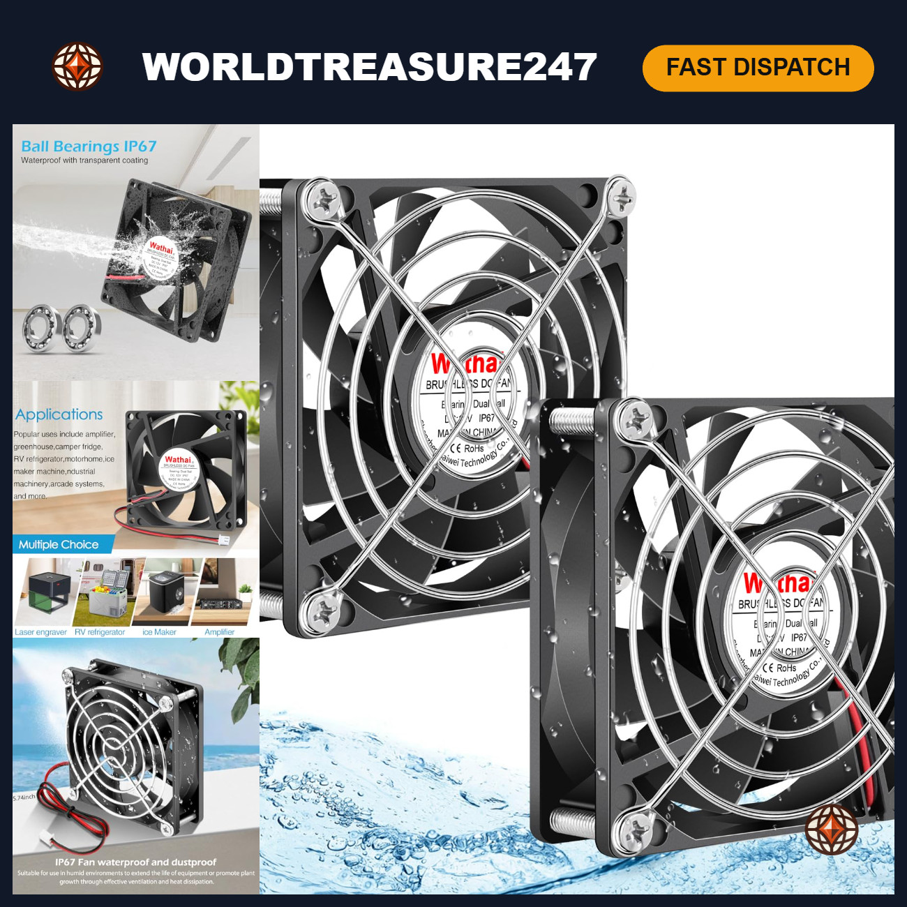 IP67 Waterproof 12V Cooling Fan 80mm x 25mm for RV Fridge Exhaust & Ventilation