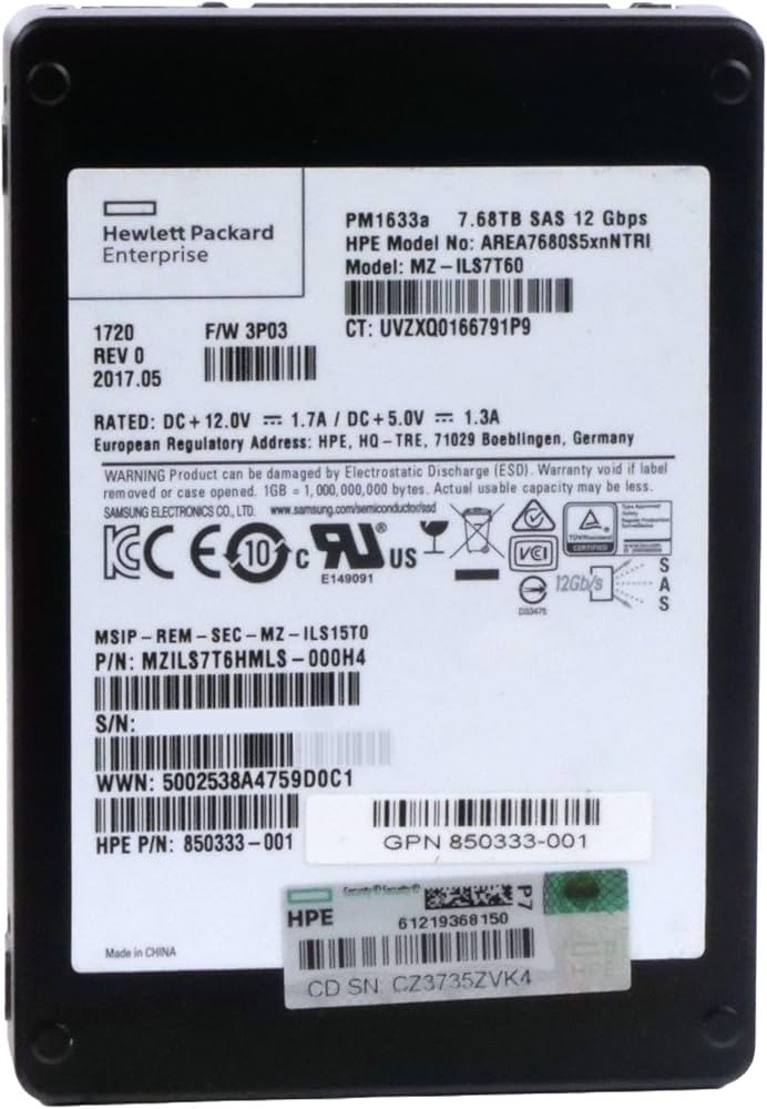 Very Low Usage HPE 7.68TB SAS 12G SFF 2.5" SSD Samsung PM1633a