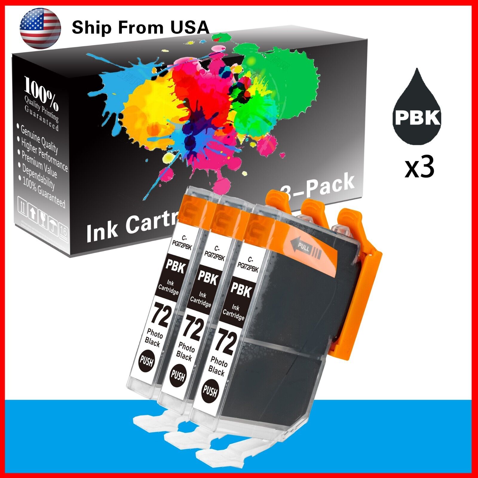 3-Pack of PBK PGI-72 PGI 72 PGI72 Ink Cartridge for PIXMA Pro10S Printer