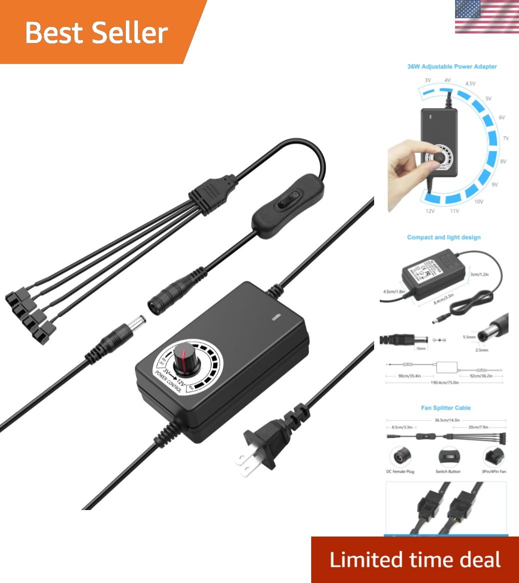 12V PC Fan Speed Controller 24W Power Supply with 4 x3/4Pin Splitter Cable