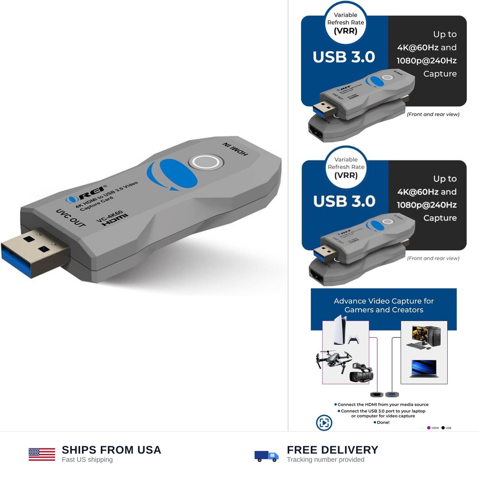 OREI 4K HDMI Video Capture Card – USB 3.0, 4K@60Hz, HDR10, VRR, UVC/UAC