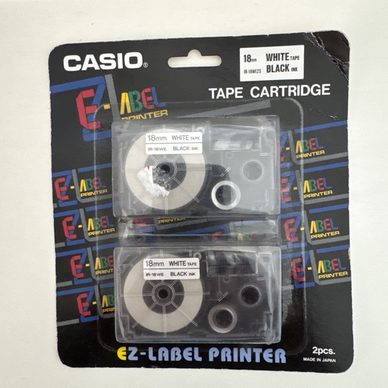 New Casio E-Z-Label Printer 18MM Black Ink White Tape 2-Pack IR-18WE2S