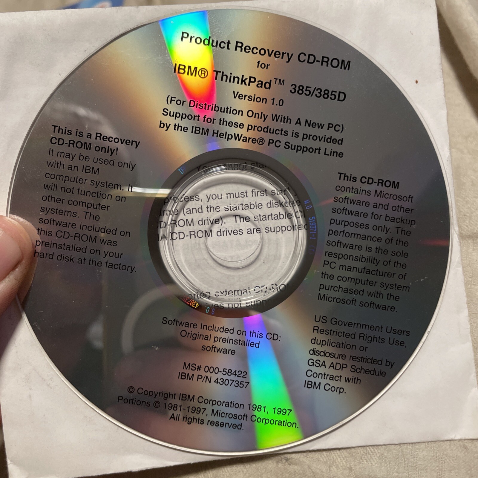 Product Recovery CD-ROM for IBM ThinkPad Series 385 / 385D 1.0 Rare