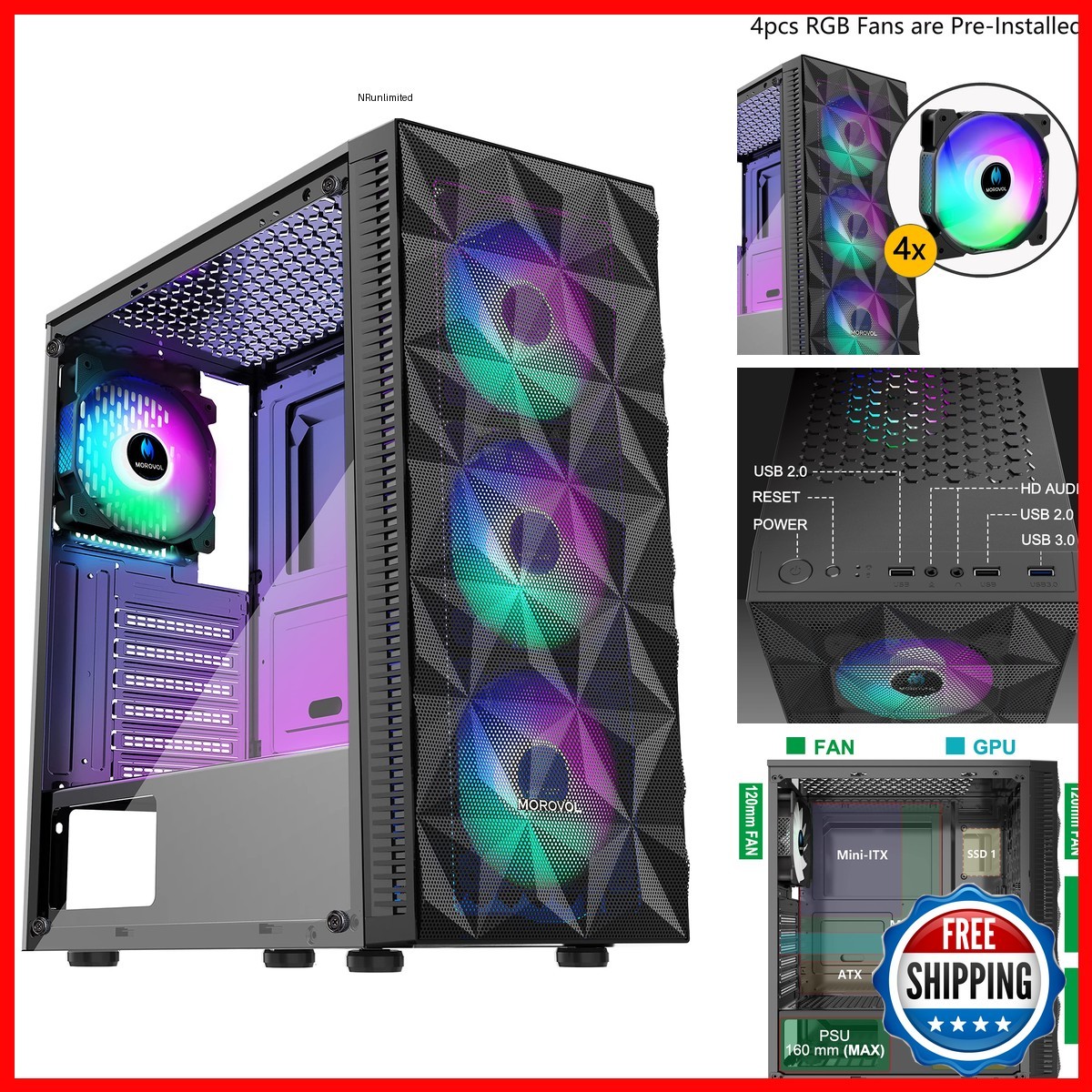 MOROVOL 621 ATX Mid Tower PC Case 4 RGB Fans Tempered Glass