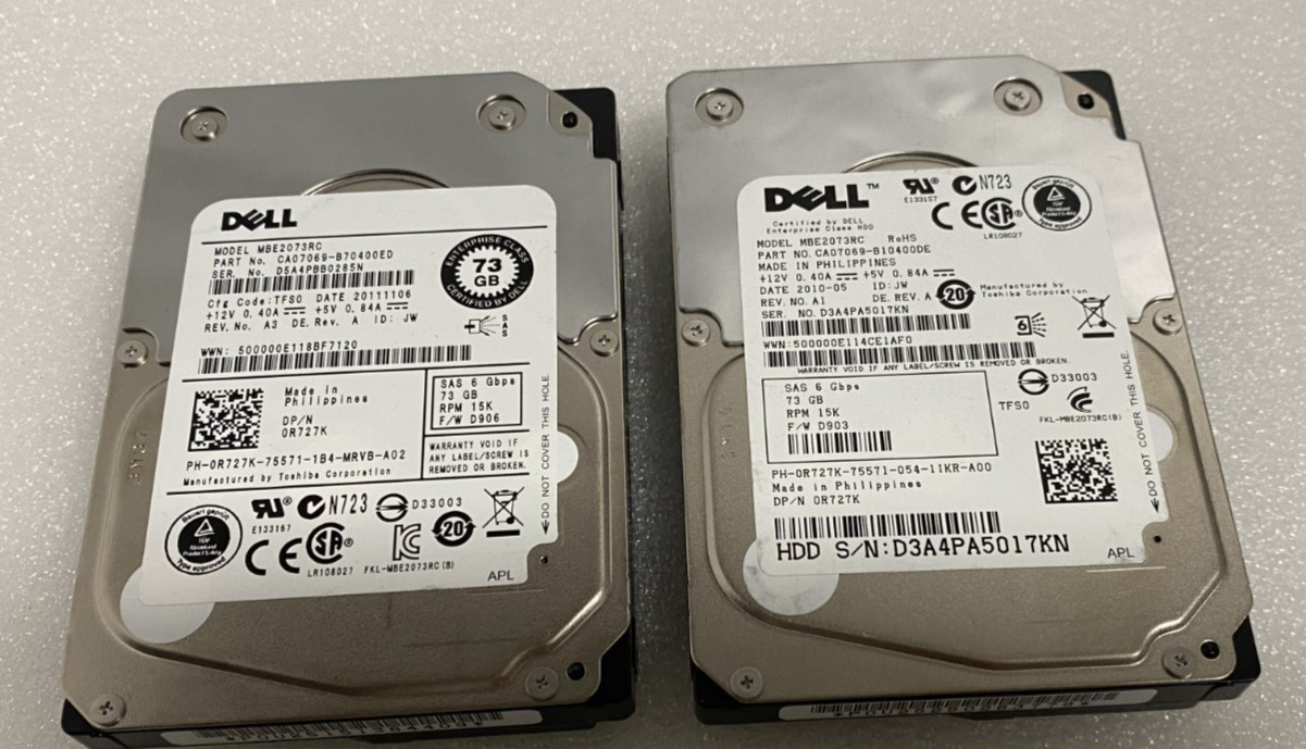 Lot of 2x Dell R727K 0R727K 73GB 15K RPM 2.5" SAS MBE2073RC Hard Drive