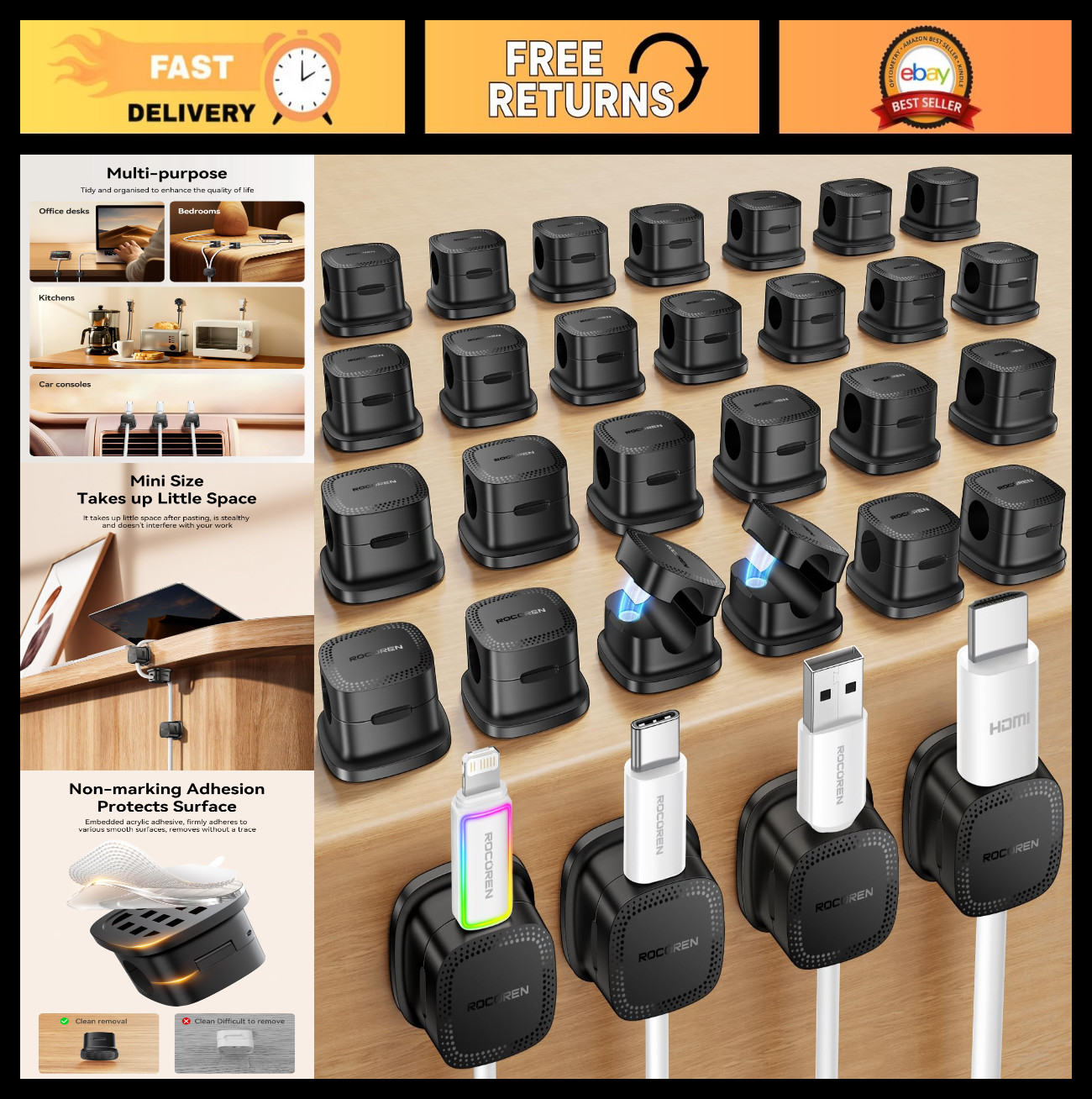 30-Pack Magnetic Cable Clips - Adjustable Cord Organizer for Home & Office